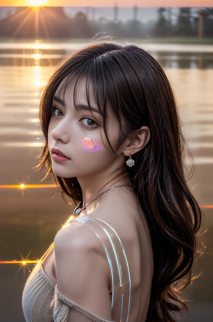 (Photoreal Stick:1.5, masutepiece:1.5, 8K), (top-quality, masterpiece, 超A high resolution), ((fog the lens:1.8), ((reflect light onto the lens:1.8)), ((Shoot with blur:1.8)), ((sunrises, Sunlight coming in from behind:1.8, The sunlight of the morning sun spreads across the screen:1.8)), ((The woman appears hazy due to the reflection of bright light.:1.9, The entire screen appears white and hazy:1.9)), Face Sharp Focus:1.3, Professional camera work:1.3, Highly detailed skin and facial texture:1.3, Grow Light Effect, The ultra-detailliert:1.3, 1girl in, Fair skin, (Sense of clarity:1.4, a small face), Extremely beautiful face:1.5, (Sense of clarityを感じる目:0.9, looking distantly), Enraptured look:1.0, i love you completely:0.8, (Slightly open mouth:0.4, Sense of clarityを感じる口当たり:0.7), 二重まぶた, Dark brown medium hair, necklace and earrings