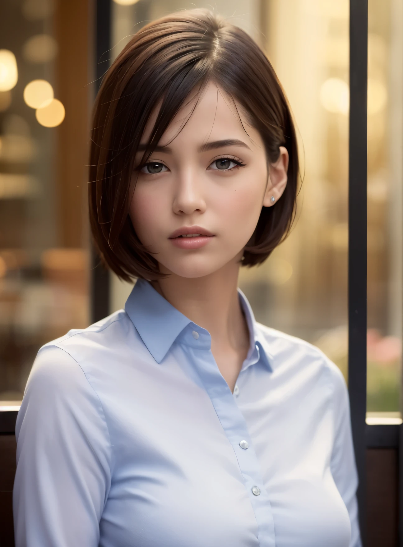 (8k, best quality, masterpiece:1.2), (realistic, photo-realistic:1.37), ultra-detailed, 1 girl,cute, solo,beautiful detailed sky,detailed cafe,night,sitting,dating,(nose blush),(smile:1.15),(closed mouth) small breasts,beautiful detailed eyes,(collared shirt:1.1), night, wet,business attire, rain,white lace, (short hair:1.2),floating hair NovaFrogStyle,