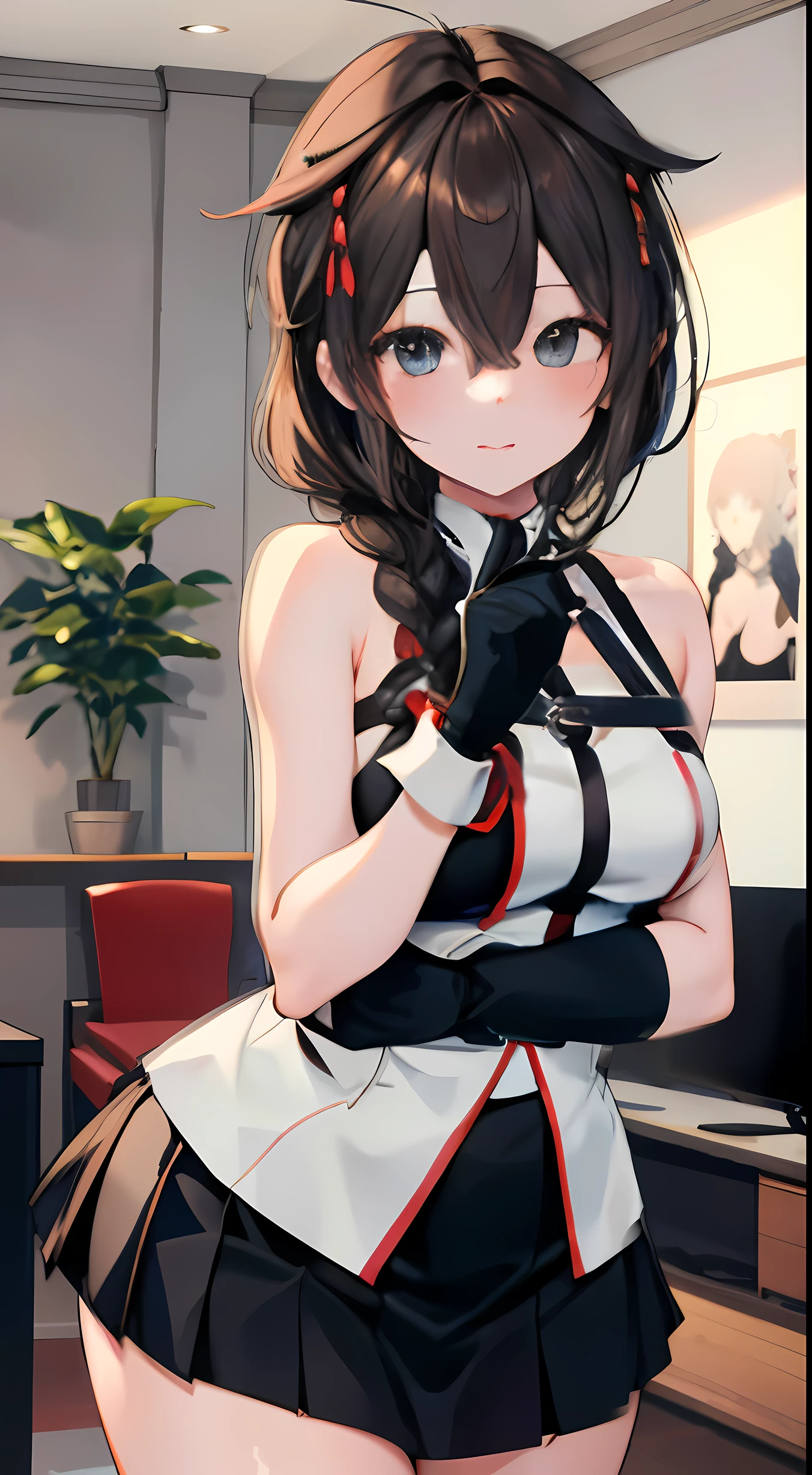 Shigure Kai 3 KanColle Sleeveless Black Thimble Gloves Black Skirt Braid 8K High Resolution Very Fine Eyes Very Fine Face、Insanely detailed body、Extremely fine skin, very elaborate hair ornament, Precisely sculpted body and hands for 1 person Living room of a private house A bewitching expression