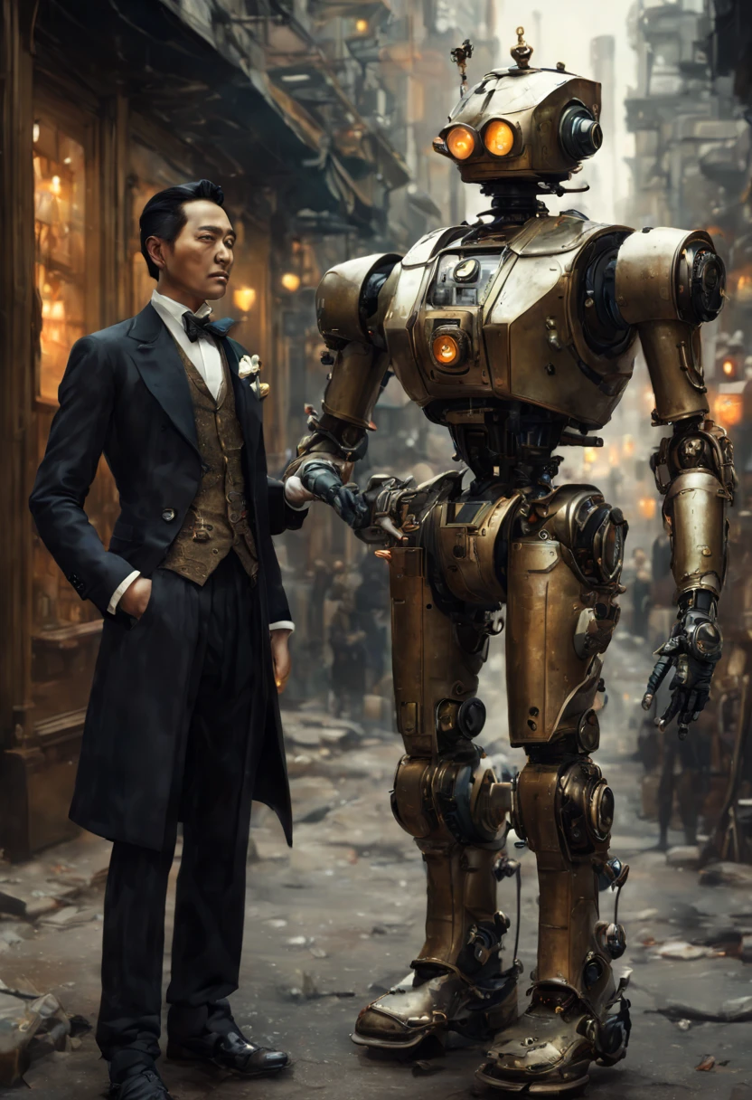 “Futuristic Victorian robot butler wearing a fancy suit and talking to a cute robot maid" steampunk:: maximalist hyperdetailed fantasy masterwork by Kim Jung Gi, Yoshitaka Amano, Android Jones, Jeremy Mann, masterpiece, vibrant triadic colors, ambient occlusion, dramatic lighting, ray tracing, beautiful composition, incredible depth