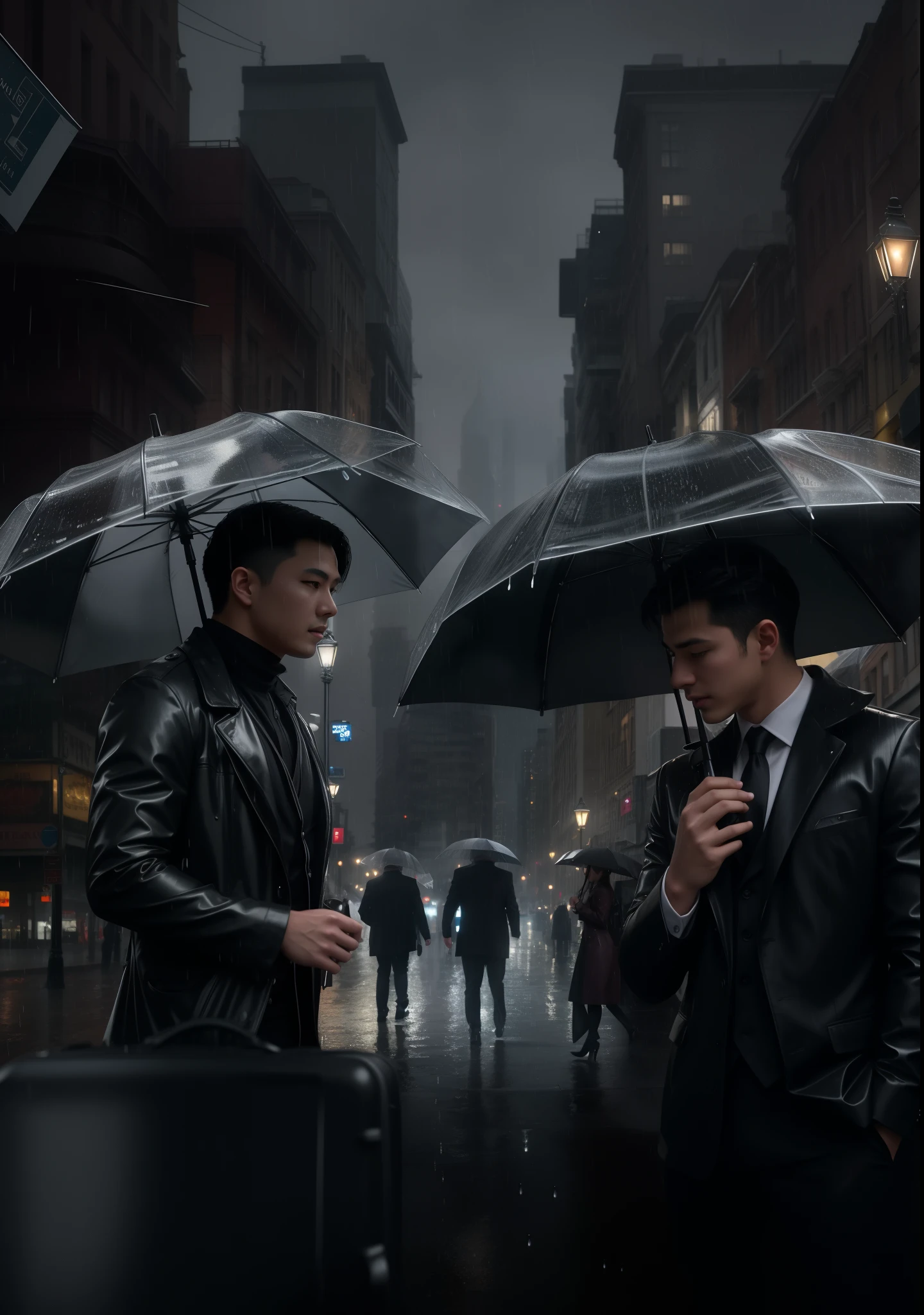(Best quality,4K,8K,A high resolution,tmasterpiece:1.2),ultra - detailed,(actual,photoactual,photo-actual:1.37),in a panoramic view,sporty attire,relic,lots of people,antagonism,2 people,man in black suit,raining day,suitcases,Rain Alley,lamplight,Black and white,hazy atmosphere,cityscape in the background,Reflection of light on wet ground,crowded scene,serious expressions's faces,Wet pavement,shiny surface of the suitcases,Enigmatic Atmosphere,The street is illuminated by street lights,Raindrops on the character'of clothes,Moisture in the air,heavy rain poured,umbrellas,Water droplets roll down the figure's face,Attention to detail,Impressive depth,The black suit contrasts with the rainy environment,somber mood,戏剧性的lamplight,vague background,Black style,a variety of poses,City skyline in the distance.