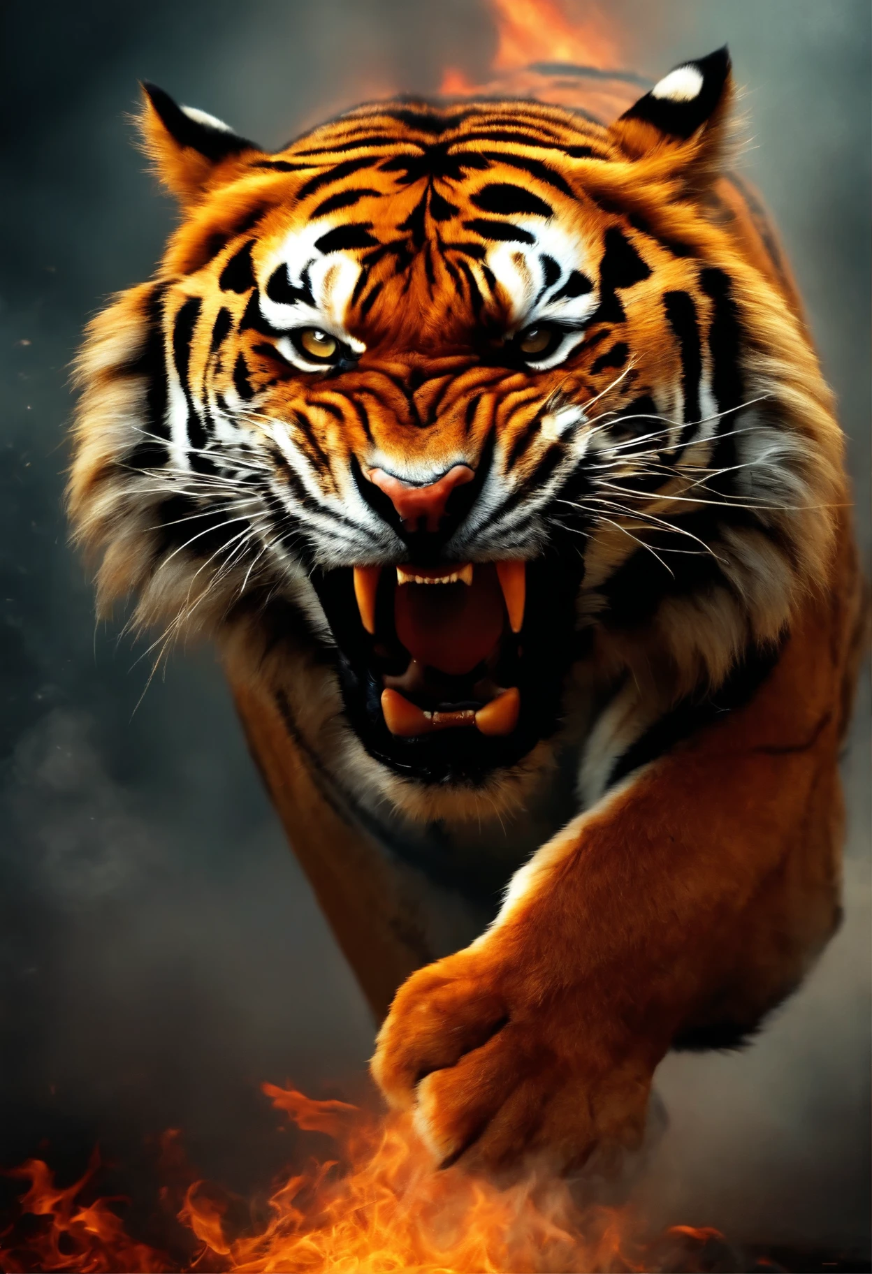 Angry tiger raised front paws surrounded by flames
