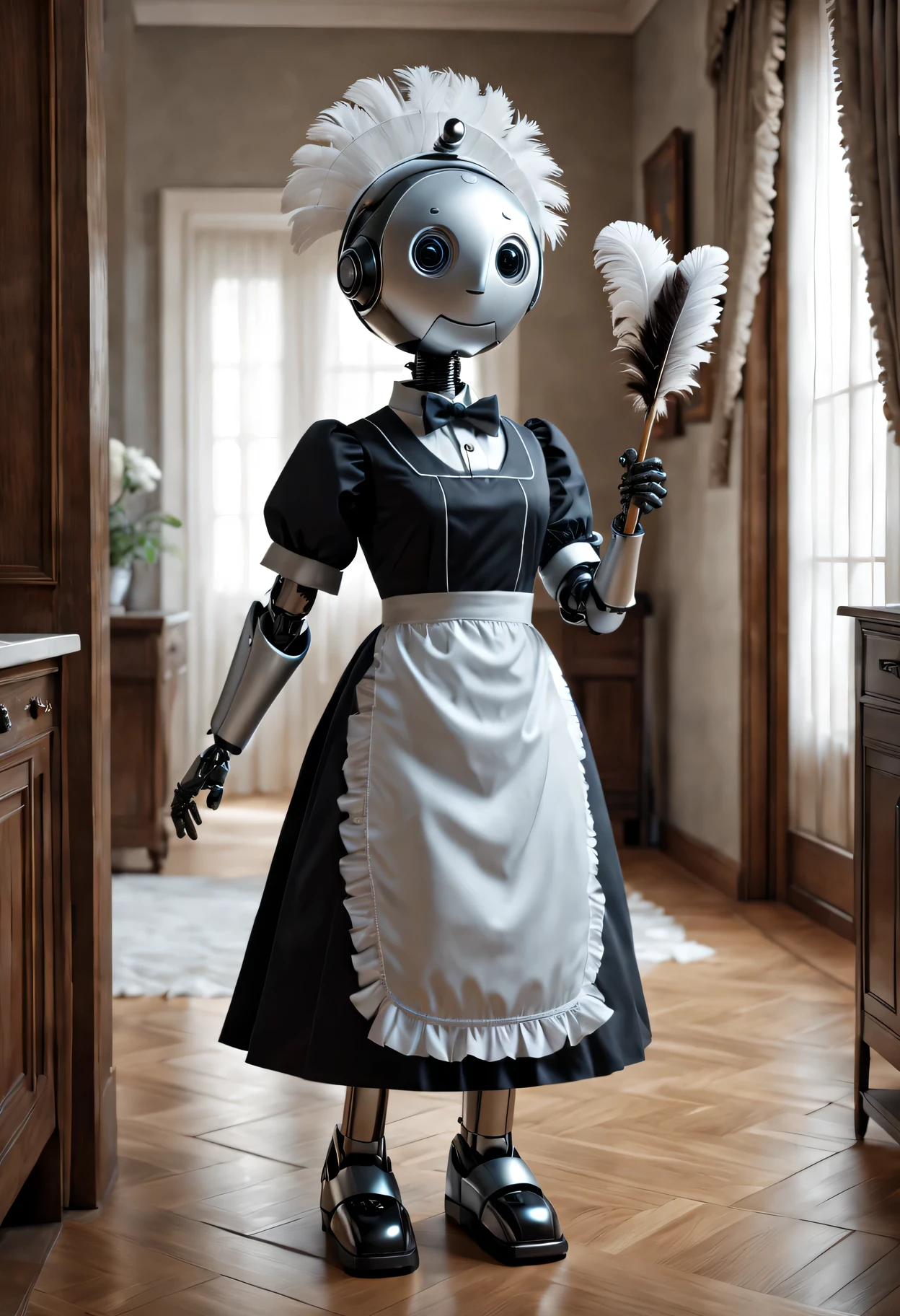 Robot butler，Maid robot wearing an apron，Walking around the house waving a feather duster。(Best quality at best,4K,8K,A high resolution,tmasterpiece:1.2),ultra - detailed,(actual,photoactual,photo-actual:1.37),