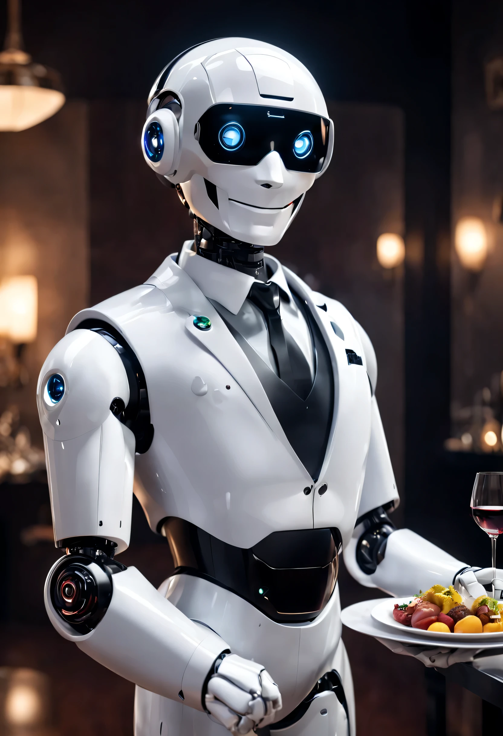 (Robot butler serves delicious food and wine to guests,），The head is equipped with a high-definition analog face display, Warm and friendly smile, Happy, (Wearing a holographic white butler suit uniform）,Perfect robot future character design, scientific fiction, Black technology, 3D, cyber punk style ,
Background with：Banquet hall