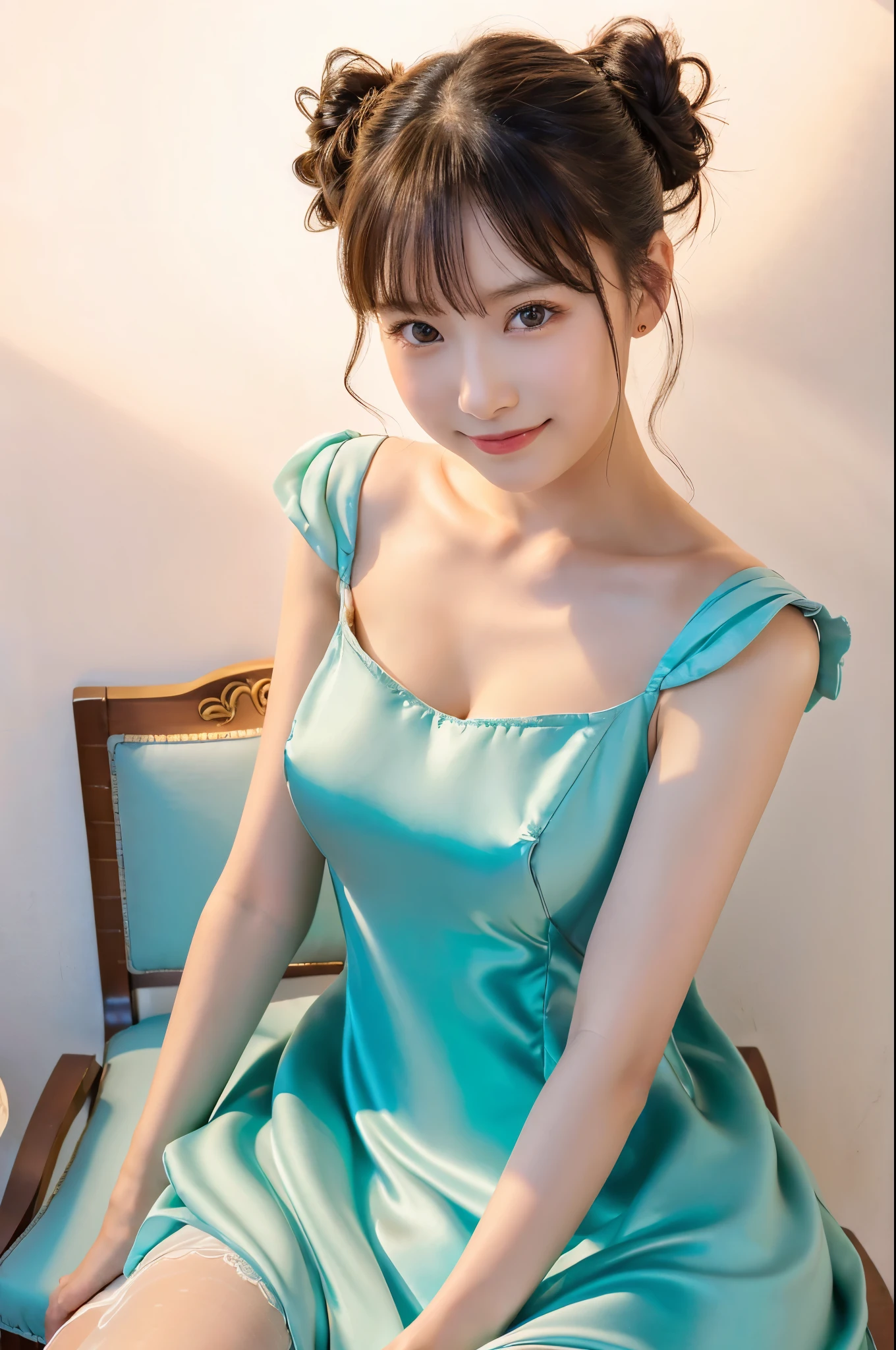 ulzzang -6500-v1.1, (Raw photo:1.2), (Photorealsitic), a beautiful detailed girl, (Real: 1.4), ighly detailedな目と顔, beatiful detailed eyes, (((Upper class girl in elegant formal dress of random color:1.3)))、(Ultra-realistic pantyhose:1.2), (high-heels:1.2), (I keep my hair up and short)、 (Very affectionate smile:1.2)、sitting on a chair at the party venue、huge filesize, hight resolution, ighly detailed, top-quality, [​masterpiece:1.6], illustratio, ighly detailed, nffsw, finely detail, top-quality, 8k wallpaper, Cinematographic lighting, 1girl in, , perfect body type, cute droopy eyes beautiful big eyes、Pieckfinger, ((masutepiece)), Best Quality, 1girl in, eye shadow, Upper body, Portrait, ((FULL BODYSHOT:1.6))、