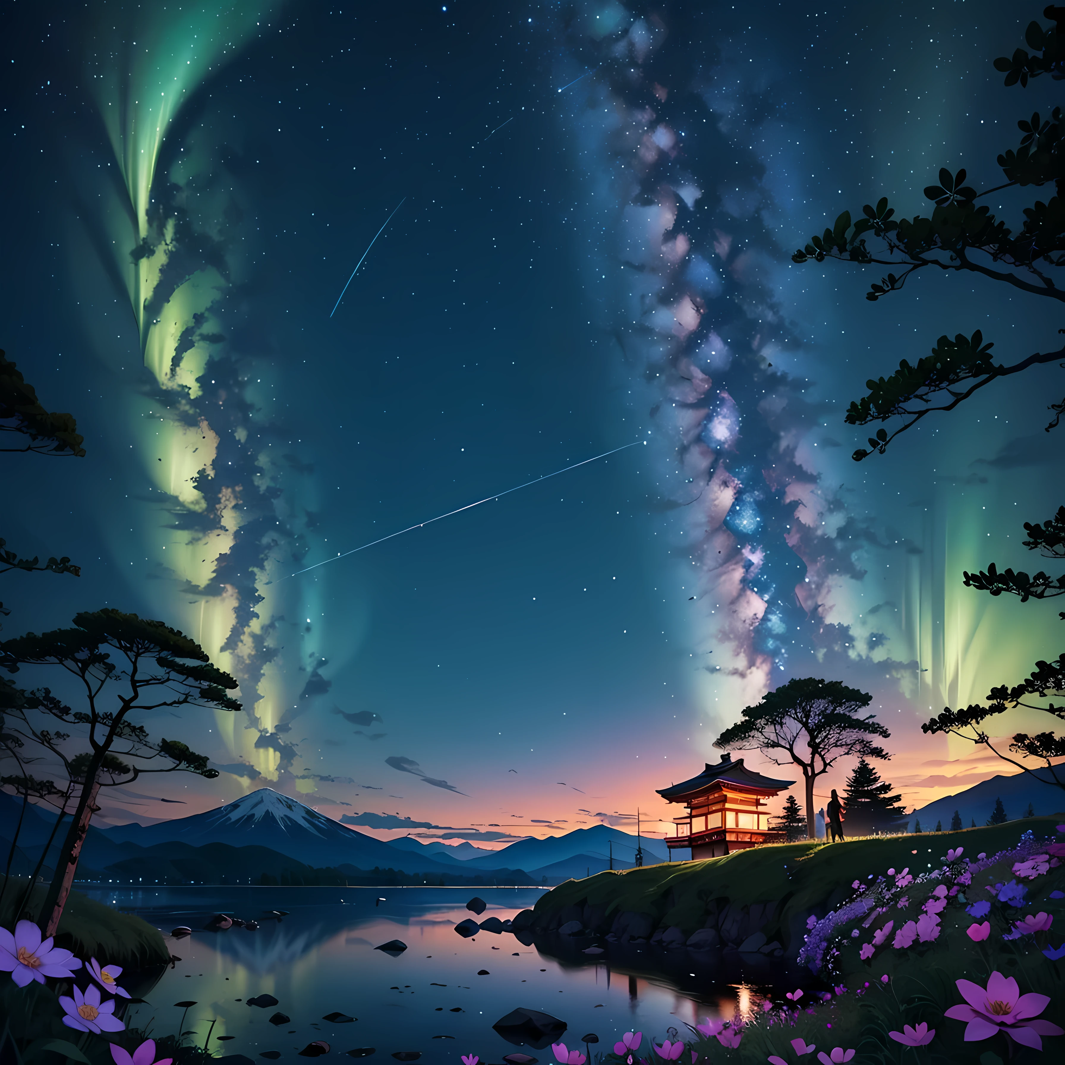 Un couple marche dans la campagne. Les personnages aux ears of chats and a bag with dos. It is in a forest of glycine flowers and Japanese cherries. Couleurs : bleu, noir, rose. Aurora borealis. Couleur ciel. Masterpiece (Japon, Starrysky, Nuit), montagnes, foret, Les bois. Fleur de glycine multicolore. Japon. Nuit. poilu. Marcher en montagne. camping. oreilles de chat. style : mignon, Migmon , Kawai.
