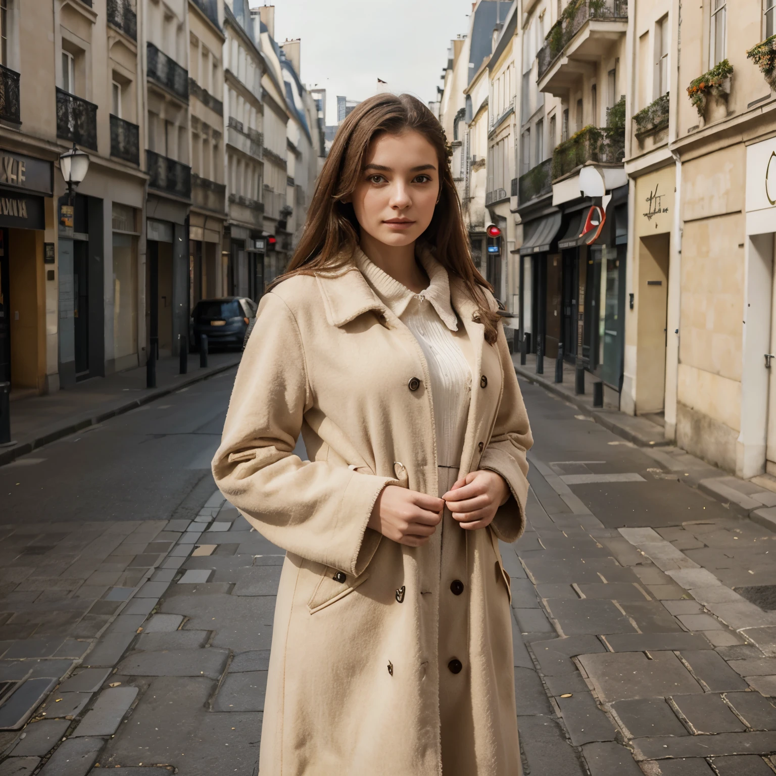 photographie d&#39;une femme de 20 ans, visage parfait, Masterpiece, veste courte, robe beige, Paris, paysage hivernale, bâtiments of Haussmannia