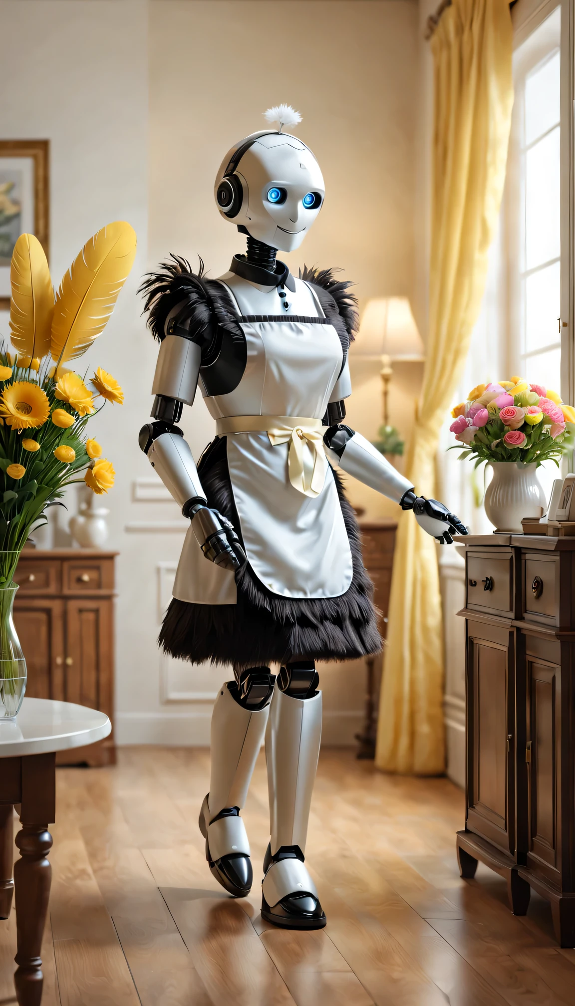 Robot butler,Maid robot wearing an apron,Walking around the house waving a feather duster。Soft and warm lighting atmosphere,The room was clean and tidy,Spotless furniture and decor,Beautifully arranged flowers,Peaceful and tranquil atmosphere。(Best quality at best,4K,8K,A high resolution,tmasterpiece:1.2),ultra - detailed,(actual,photoactual,photo-actual:1.37),