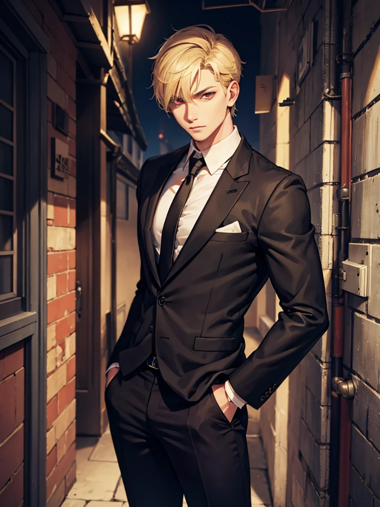 1 male, blonde short hair, red eyes, naked, black tie, long black pants, cold eyes, cruel, sadism, smoking, dominant, possessive, looking down at viewer, handsome, outdoors, dark alley background (masterpiece, best quality, beautiful detailed eyes, detailed face)
