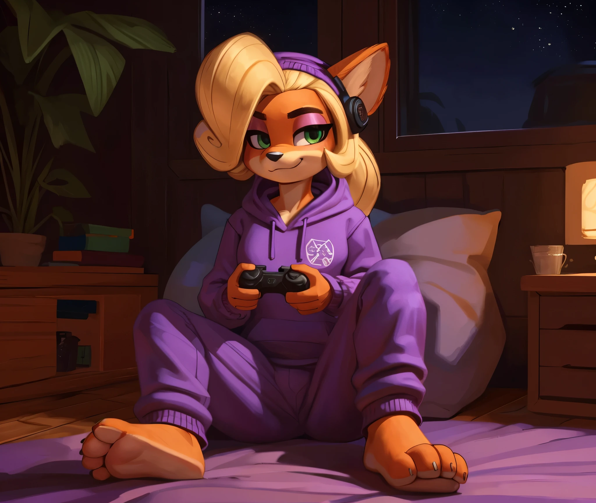 [Coco bandicoot], [Uploaded to e621.net; (Pixelsketcher), (wamudraws)], ((masterpiece)), ((HD)), ((solo portrait)), ((full body)), ((front view)), ((feet visible)), ((furry; anthro)), ((detailed fur)), ((detailed shading)), ((beautiful render art)), ((intricate details)), {anthro; orange fur, black nose, (cute green eyes), (short eyelashes), (pink eyeshadow), (long blonde curly hair), (curly ponytail), (curvy hips), (beautiful legs), (beautiful feet), (blushing), (smug smirk)}, {(purple sweatshirt hoodie), (purple sweatpants), (pink headphones on head)}, {(sitting on bed), (playing video game), (controller in hands)}, [background; (tropical forest), (bedroom), (beanbag), (gaming console), (wood window), (wood floor), (nighttime), (starry sky), (ambient lighting)]