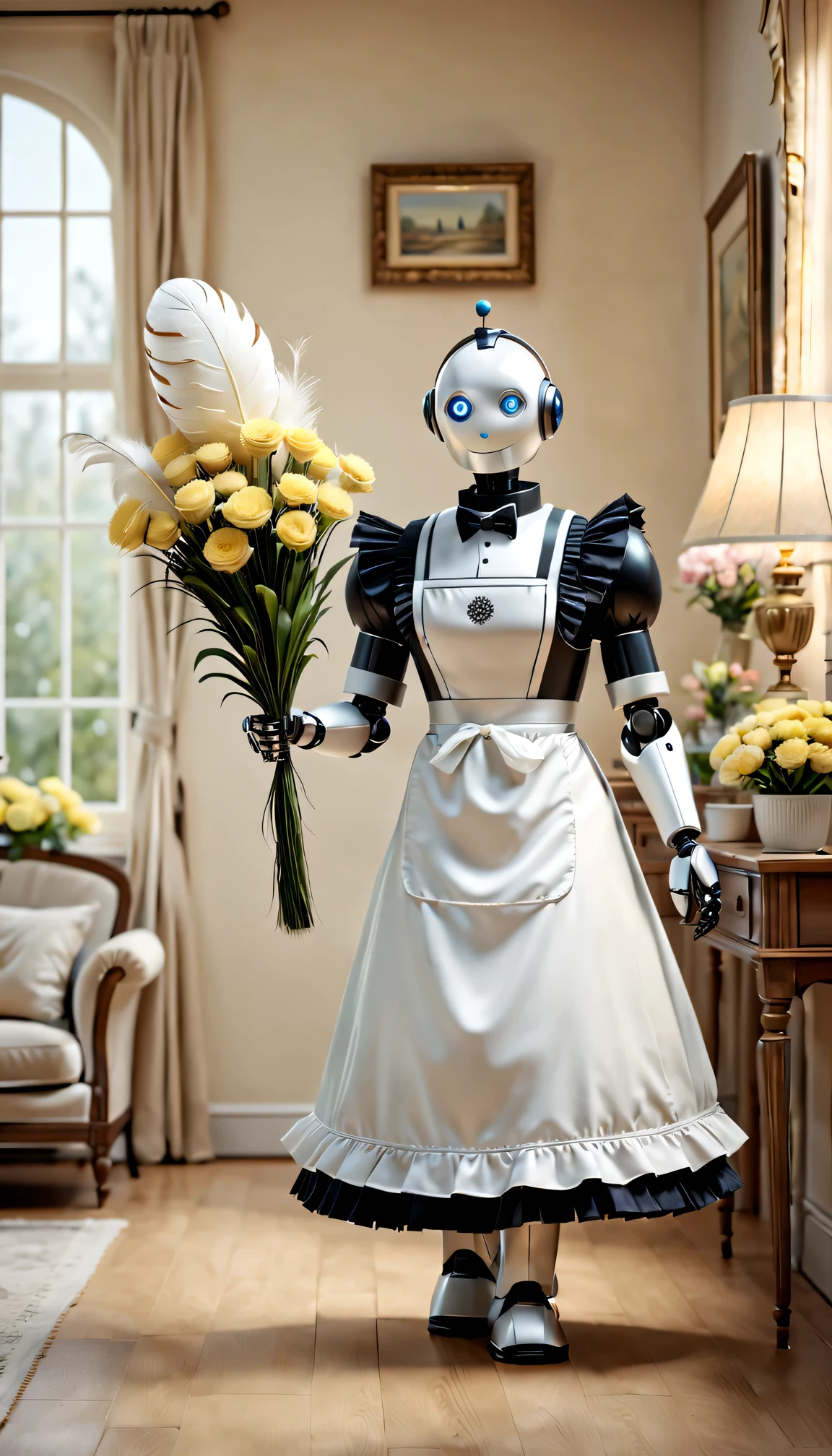 Robot butler,Maid robot wearing an apron,Walking around the house waving a feather duster。Soft and warm lighting atmosphere,The room was clean and tidy,Spotless furniture and decor,Beautifully arranged flowers,Peaceful and tranquil atmosphere。(Best quality at best,4K,8K,A high resolution,tmasterpiece:1.2),ultra - detailed,(actual,photoactual,photo-actual:1.37),