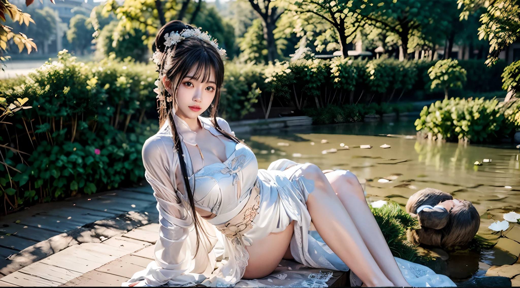 short dress, a princess eald old cute Hanfu dynasty open V-chested clothes royal, All pictures, Wet body of thin silk fabric, Thin silk lace ,princess 8 yd old cute, (huge boobs，age),p, white pink, blue ，best qualtiy，tmasterpiece，超高分辨率，（真实感：1.4），RAW photogr，（True skin texture：1.3），（filmgrain：1.3），（Selfie angle），1t Breast Girl，Beautiful eyface details，tmasterpiece，Best quality at best，exposing thighigchest，The chest more exposed， detailed hair，above looking down facing at camera,short dressPrincess Eyes,Super big eyes,Detailed face,shiny pupils