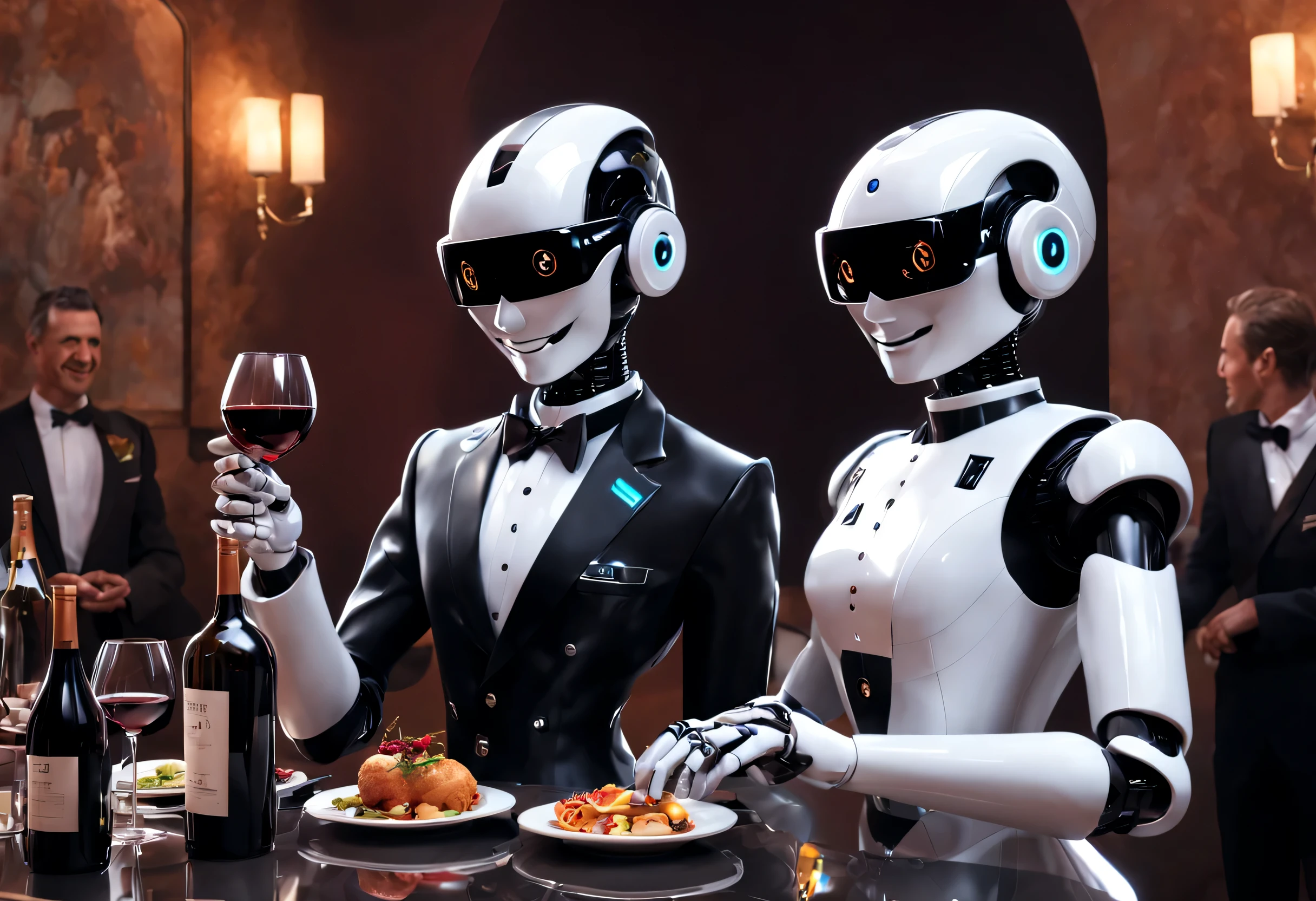 robots are sitting around a table with a man in a suit, food advertisement, still frame from a movie, royal interior, rankin, winning award image, by David Roberts, drum & bass, palladium, alt art, android, award winning ad --auto --s2