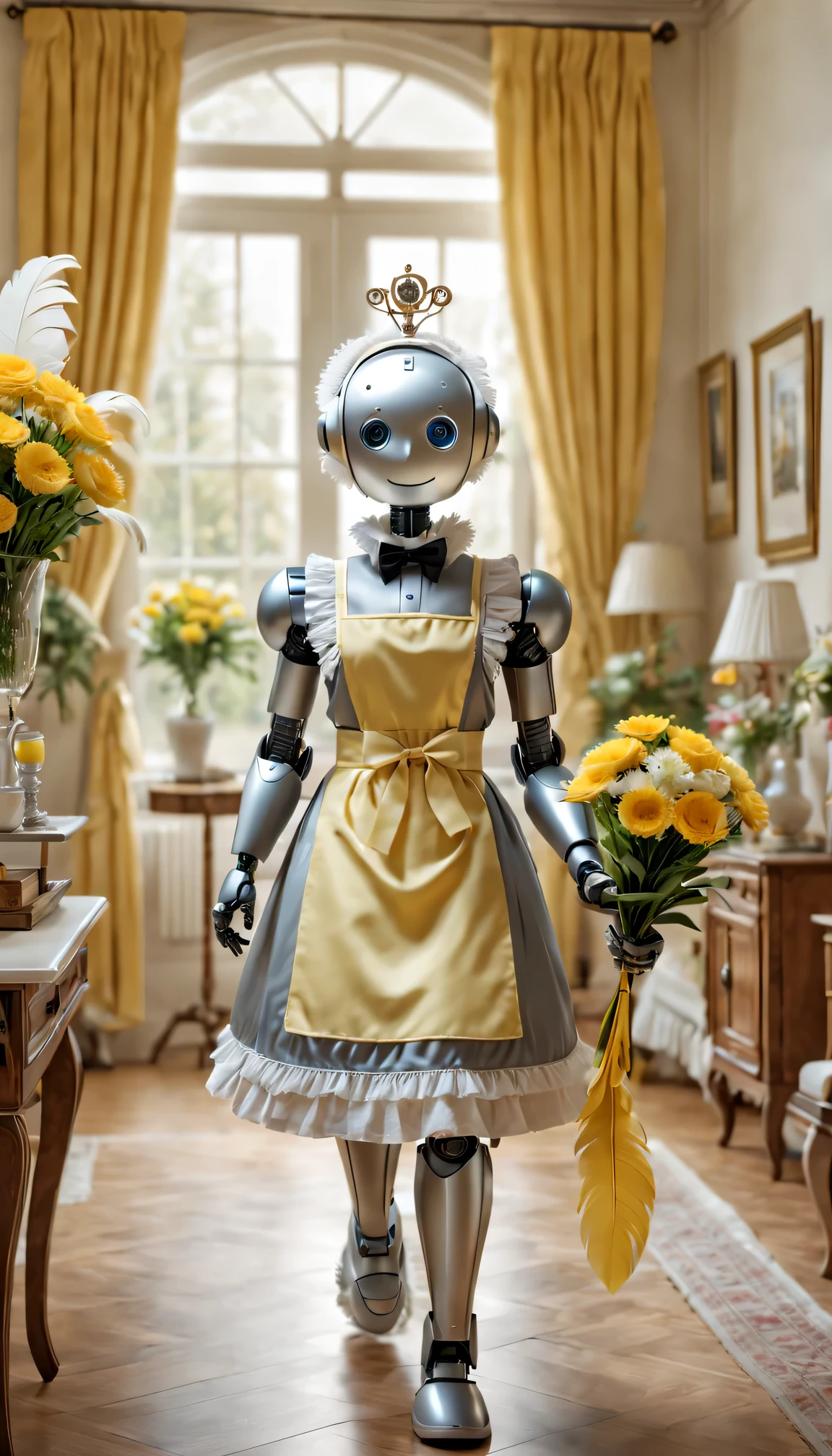 Robot butler，Ribbon lace headband，Maid robot wearing an apron，Walking around the house waving a feather duster。Soft and warm lighting atmosphere，The room was clean and tidy，Spotless furniture and decor，Beautifully arranged flowers，Peaceful and tranquil atmosphere。(Best quality at best,4K,8K,A high resolution,tmasterpiece:1.2),ultra - detailed,(actual,photoactual,photo-actual:1.37),