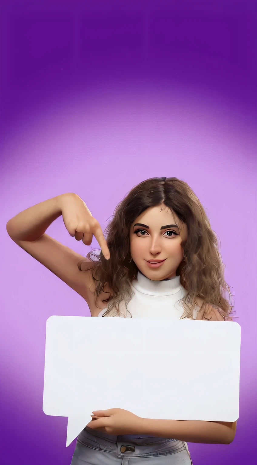 mulher arafa segurando uma placa em branco com fundo roxo, subject action: segurando sinal, subject action : segurando sinal, mulher segurando sinal, mulher dele segurando um sinal, com o dedo indicador, cool Photographic Marketing, menacing pose, Pose triunfante, young middle eastern woman, hands behind her pose!, Photographic Marketing, foto de meio corpo, advertising photo, pointing at camera