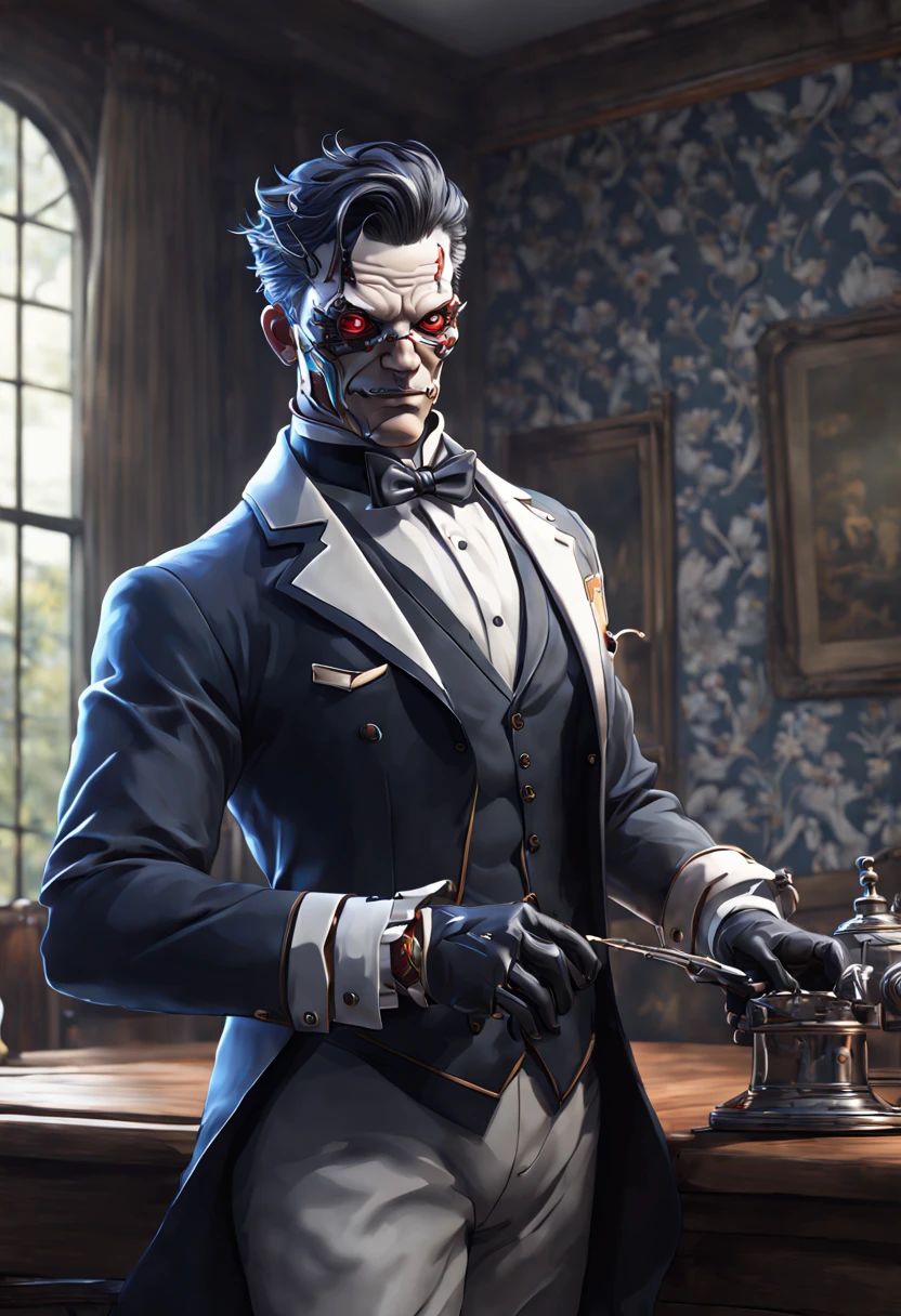 cyborg butler, country style, enhance, intricate, (best quality, masterpiece, Representative work, official art, Professional, unity 8k wallpaper:1.3)