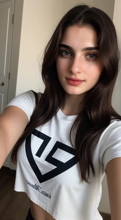 ((Front facing camera selfie)), 18 yo girl named Zahra Amiri, (straight nose), (prominent nose bridge), (female face golden ratios:1.15), long dense dark brown hair, (pale skin:1.25), (hazel eyes), thin eyebrows, high cheekbones, beautiful plump lips, big natural breasts, wearing tshirt, apartment background, smirk