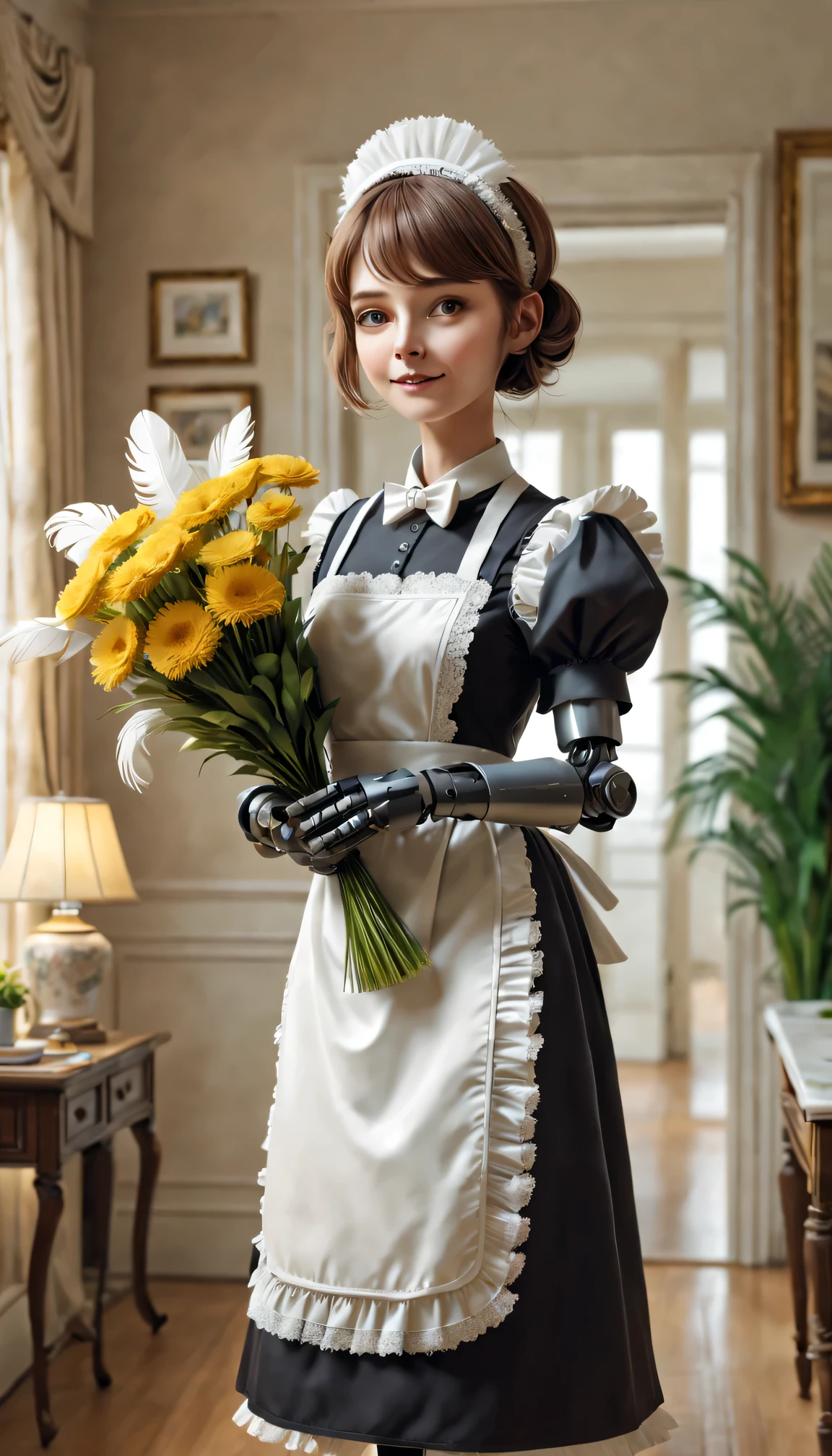 Robot butler,Ribbon lace headband,Maid robot wearing an apron,Walking around the house waving a feather duster。Soft and warm lighting atmosphere,The room was clean and tidy,Spotless furniture and decor,Beautifully arranged flowers,Peaceful and tranquil atmosphere。(Best quality at best,4K,8K,A high resolution,tmasterpiece:1.2),ultra - detailed,(actual,photoactual,photo-actual:1.37),