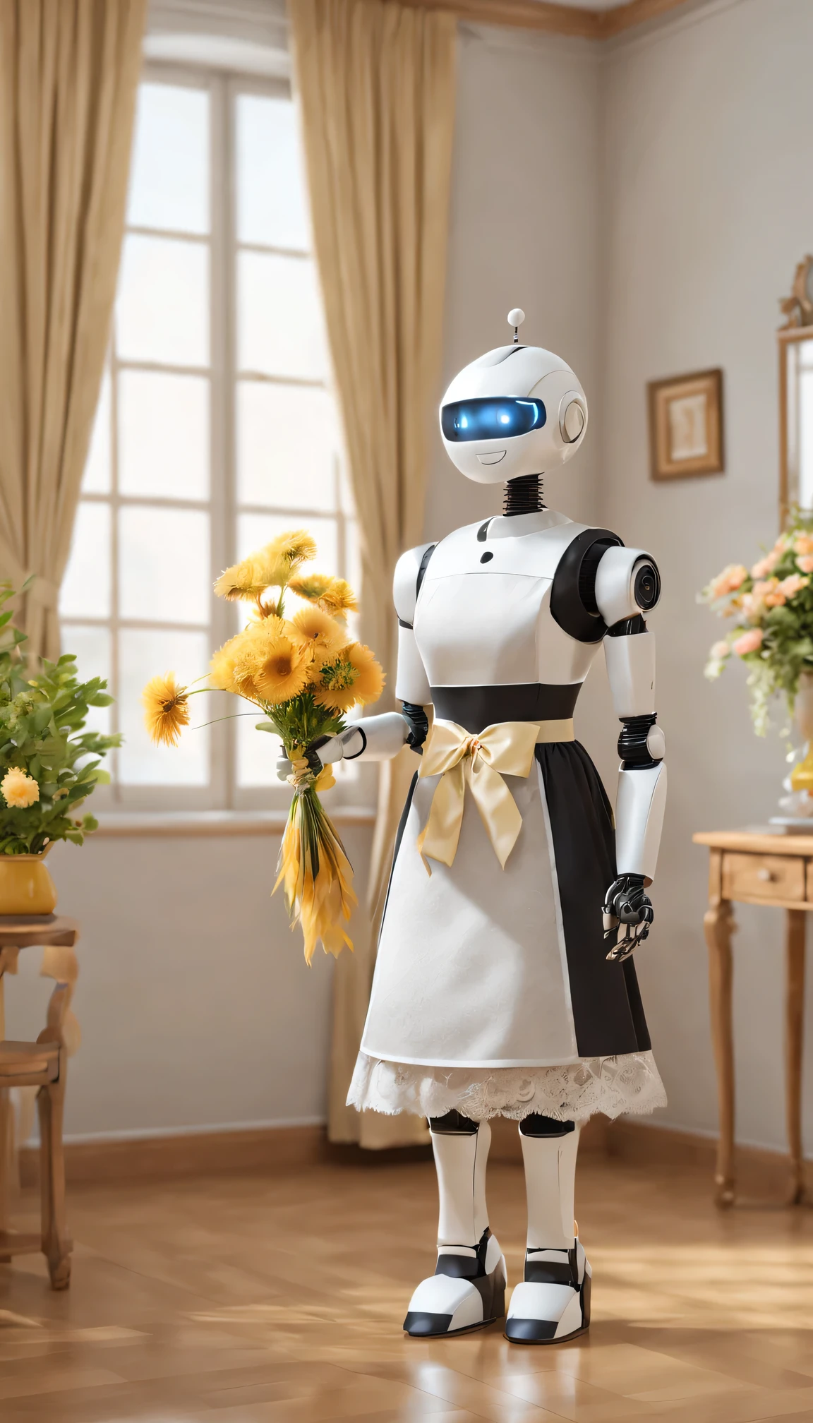 Robot butler,Ribbon lace headband,Maid robot wearing an apron,Walking around the house waving a feather duster。Soft and warm lighting atmosphere,The room was clean and tidy,Spotless furniture and decor,Beautifully arranged flowers,Peaceful and tranquil atmosphere。(Best quality at best,4K,8K,A high resolution,tmasterpiece:1.2),ultra - detailed,(actual,photoactual,photo-actual:1.37),