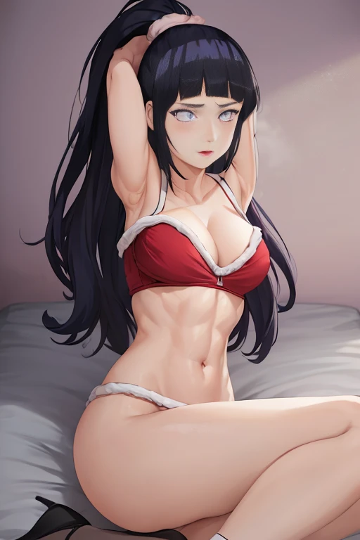 masterpiece, absurdres, 1 age girl, Age 15 old. Hinata\(Naruto shippuden], purplish hair, floating hair, hair tied in ponytail, Christmas ribbon on her hair. masterpiece, absurdres , (intricate details), (colorful),cinematic lighting,bust shot,extremely detailed CG unity 8k wallpaper 1girl, solo, Christmas Hat, Santa style Hood unzipped jacket, Santa style Bra, Santa style Skirt, Santa style Socks. Black heels. Bedroom Background, lying on bed or sleeping position. snow falling. Hinata Attractive looking. athletic Abs detailed, biceps triceps pumped up, body sweat glow, sweat on her body, Slutty Wide hips, (Medium Breast) [Beautiful Curvy butt]. Heart shaped Lips, Painted Lips shine. detailed eyes, blushed, Adorable Facial, looking at viewer. Detailed eyes. Cute slutty Navel stomach