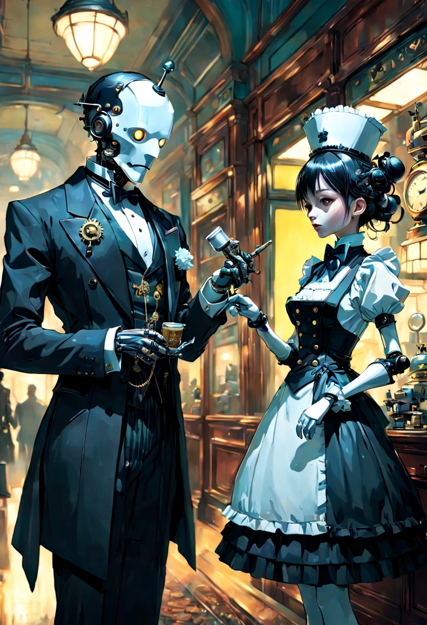 “Futuristic Victorian robot butler wearing a fancy suit and talking to a cute robot maid" steampunk:: maximalist hyperdetailed fantasy masterwork by Kim Jung Gi, Yoshitaka Amano, Android Jones, Jeremy Mann, masterpiece, vibrant triadic colors, ambient occlusion, dramatic lighting, ray tracing, beautiful composition, incredible depth
