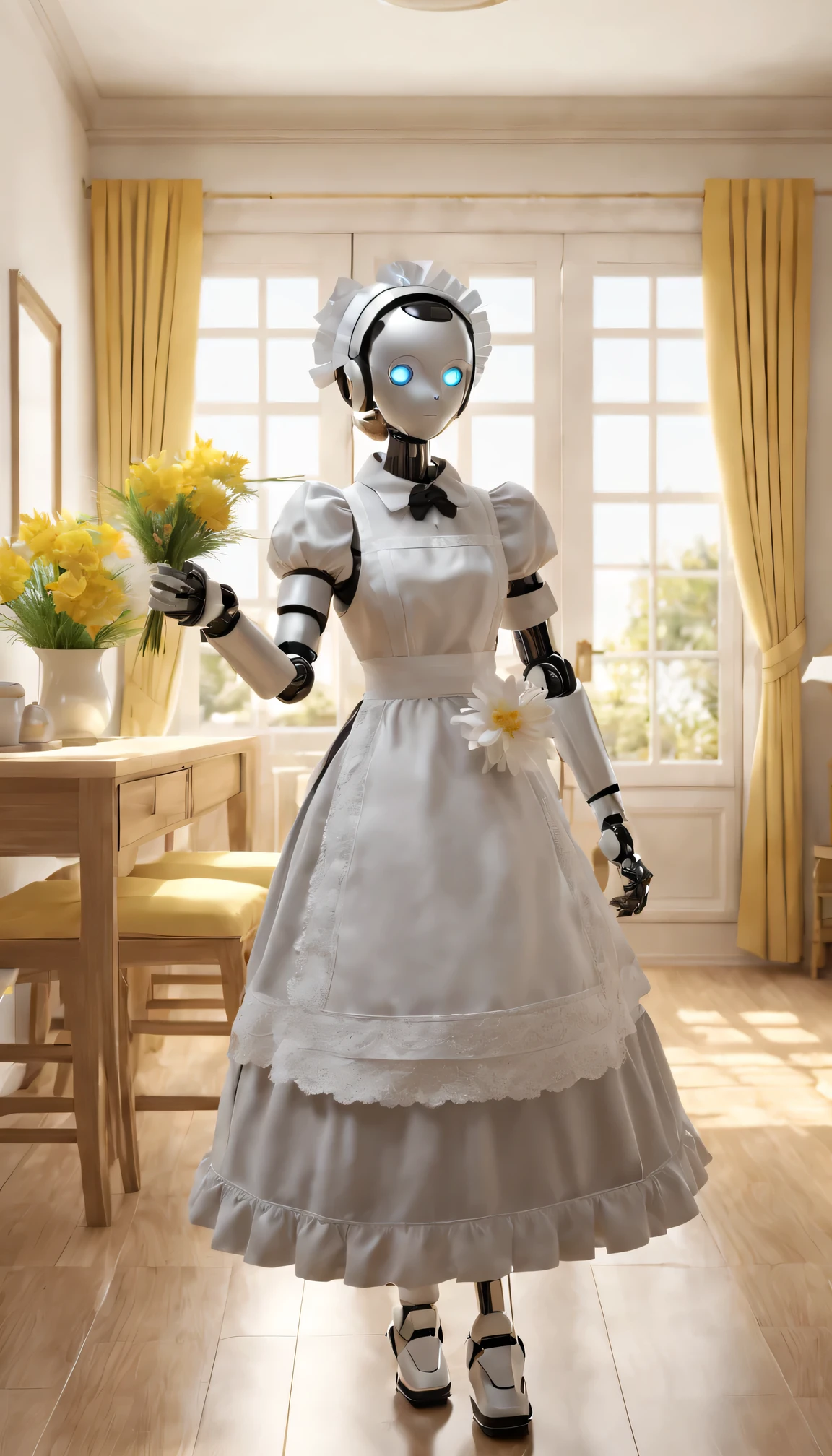 Robot butler，Ribbon lace headband，Maid robot wearing an apron，Walking around the house waving a feather duster。Soft and warm lighting atmosphere，The room was clean and tidy，Spotless furniture and decor，Beautifully arranged flowers，Peaceful and tranquil atmosphere。(Best quality at best,4K,8K,A high resolution,tmasterpiece:1.2),ultra - detailed,(actual,photoactual,photo-actual:1.37),