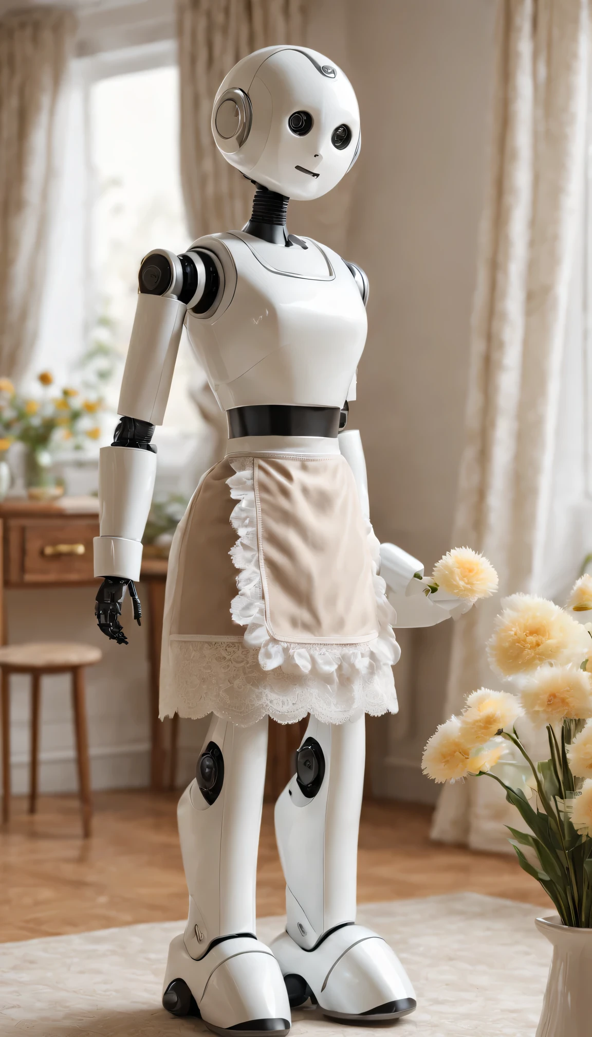 Robot butler，Ribbon lace headband，Maid robot wearing an apron，Walking around the house waving a feather duster。Soft and warm lighting atmosphere，The room was clean and tidy，Spotless furniture and decor，Beautifully arranged flowers，Peaceful and tranquil atmosphere。(Best quality at best,4K,8K,A high resolution,tmasterpiece:1.2),ultra - detailed,(actual,photoactual,photo-actual:1.37),