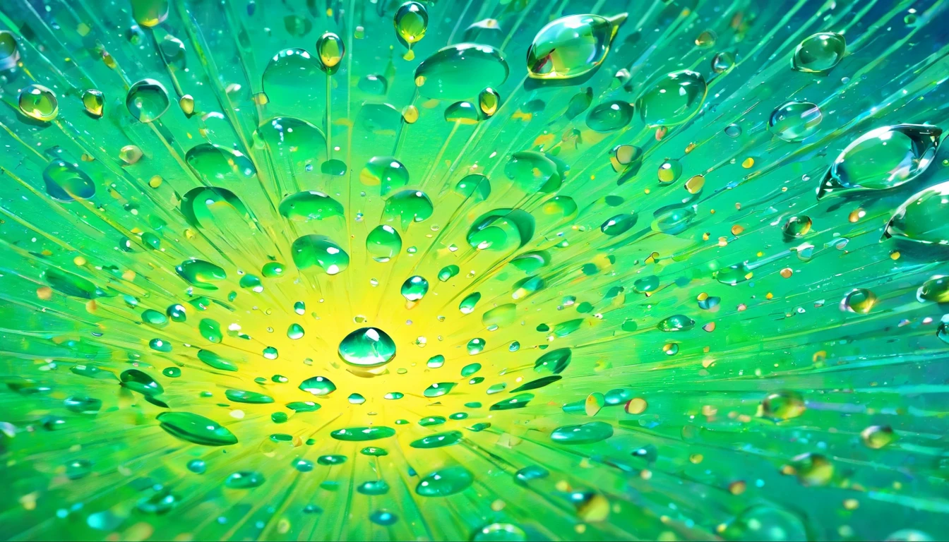 an abstract shot of water droplets on a vibrating surface, with multiple droplets creating unique and unpredictable patterns, showcasing the chaos and beauty that arises from the influence of vibration on water