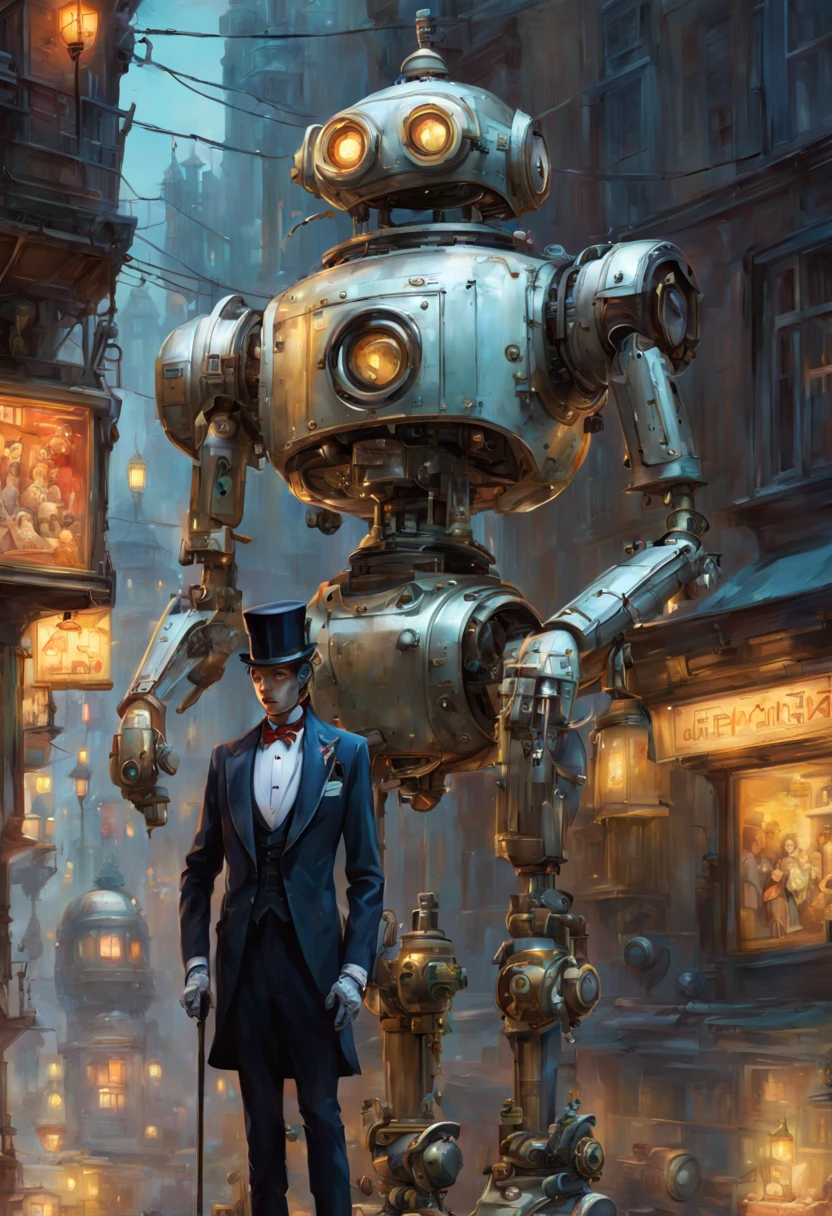 “Futuristic Victorian robot butler wearing a fancy suit and talking to a cute robot maid" steampunk:: maximalist hyperdetailed fantasy masterwork by Kim Jung Gi, Yoshitaka Amano, Android Jones, Jeremy Mann, masterpiece, vibrant triadic colors, ambient occlusion, dramatic lighting, ray tracing, beautiful composition, incredible depth