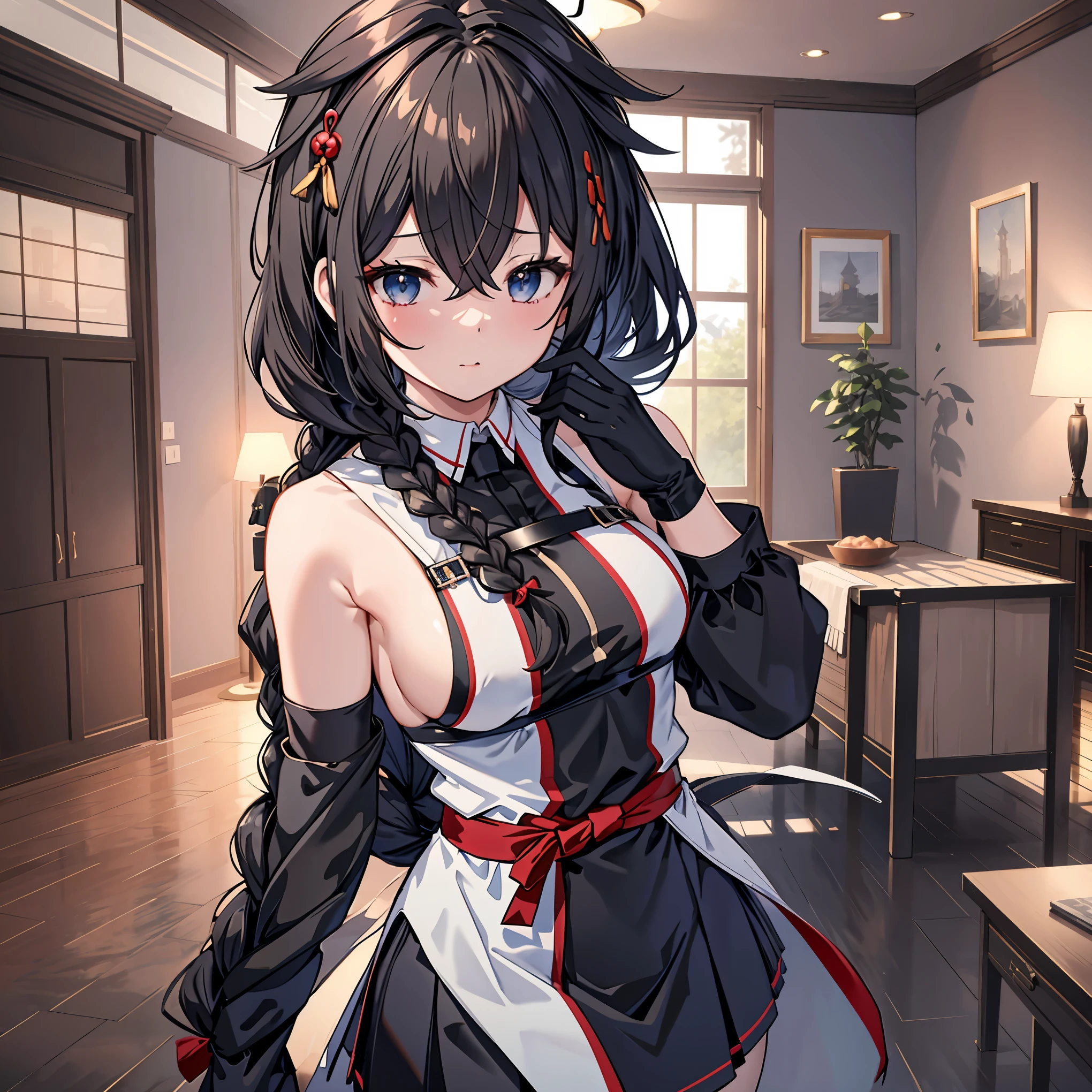 Shigure Kai 3 KanColle Sleeveless Black Thimble Gloves Black Skirt Braid 8K High Resolution Very Fine Eyes Very Fine Face、Insanely detailed body、Extremely fine skin, very elaborate hair ornament, Precisely shaped body and hands 1 person Living room in a private house 妖艶な表情 big bust