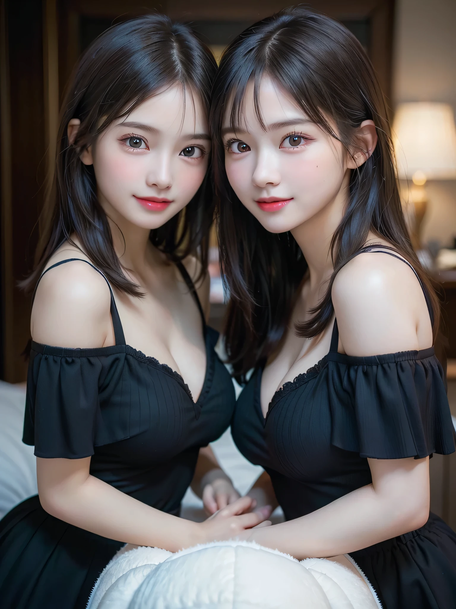 ((2  girls:1.3)), (Ultra Realistic, hight resolution), (Highly detailed eyes, Highly detailed hair, Highly detailed face, Highly detailed plump lips), (off shoulder with open breasts), breasts, Upper body, Search Smile, (Best Quality:1.4), Raw photo, (Realistic, photo-Realistic:1.37), Professional Photography, Cinematic Light, (Fine face: 1.2), (stuffed toy:1.2),