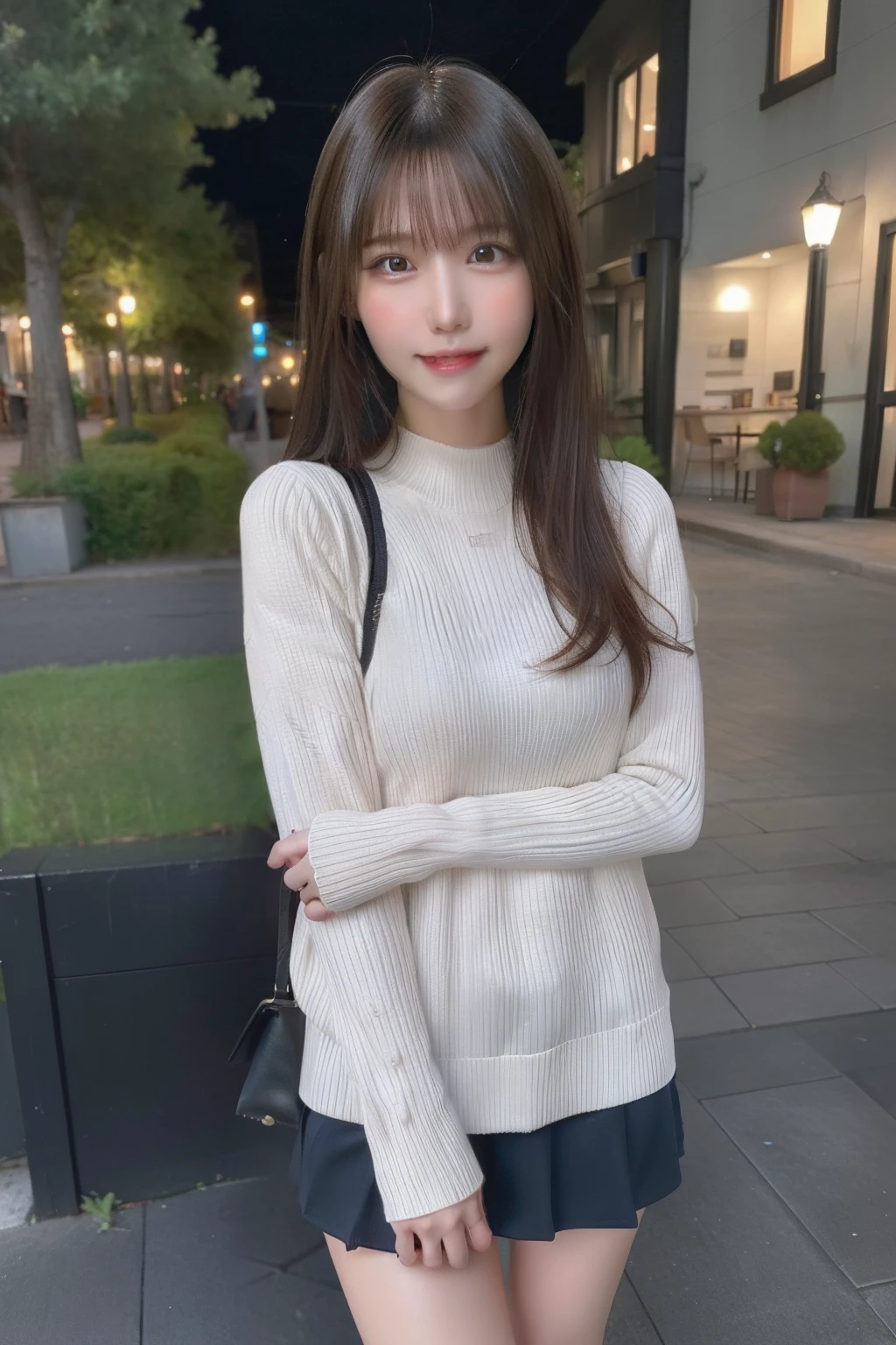(Rou: 1.2), (Photorealistic: 1.4), (Best Quality: 1.4), Ultra High Resolution, (Detailed eyes), (detailed facial features), (Detailed clothing features), nffsw, 8K resolution, Solo Focus, Bangs, skin tightening, (Slender girl), Dreamy, (Ultra-fine illustration), landscape, No text, medium breasts, Straight hair, Short hair, Dark hair, Dark eyes, One girl, Full body, a miniskirt, background night park, AngelT, light blue tight sweater, Cute, Sexy, (Smile)