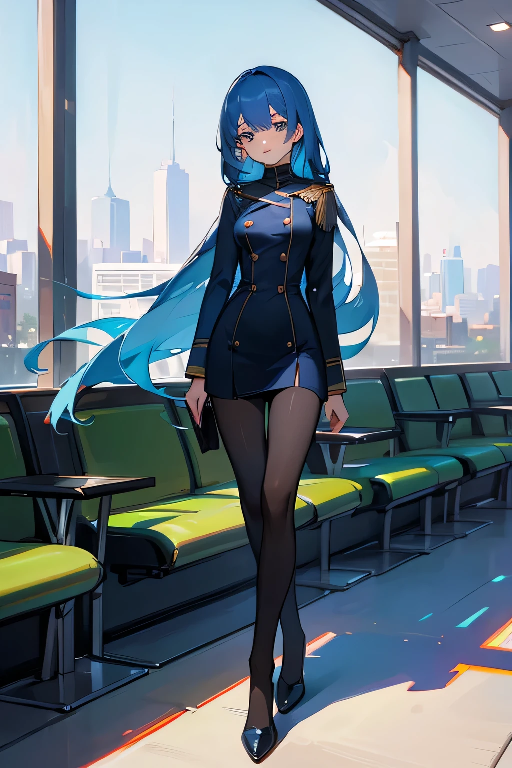 top-quality、Full body portrait、delicated face、cute face、a 25yo woman、slim figure、Beautiful bust、OL Uniform、Office Clothes、Black stockings、Outdoor Scene、Seats、Long blue hair