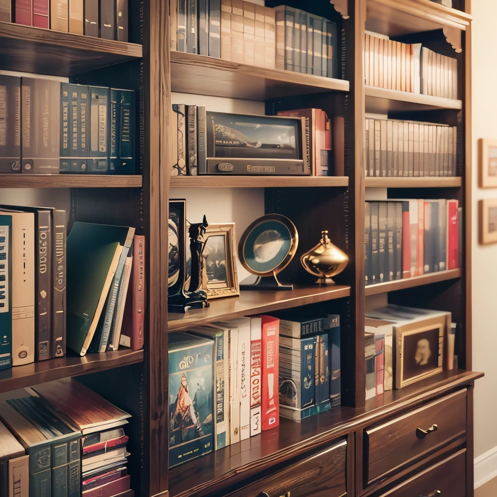 The picture shows the middle of a large bookshelf in the room. There are a lot of books on the shelves. There are certificates and trophies on the shelves. The style of the picture is and luxurious, which makes people feel very comfortable and immersive. The picture is vertical version, not horizontal version --auto --s2