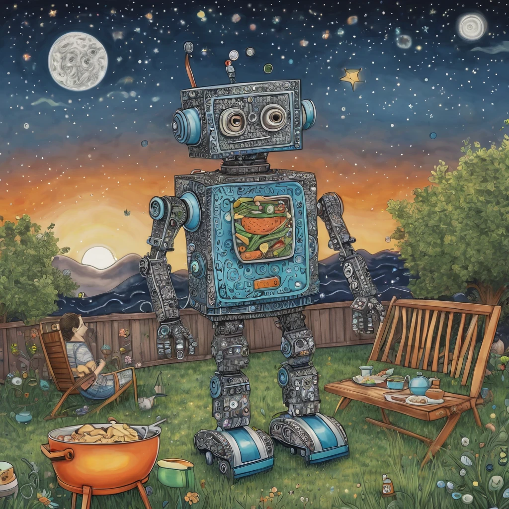 butler robot in zentangle style, in the backyard of the house where he works, cooking a barbecue for his masters, children running around, overwhelmed, submissive robot, cooking for humans, Star filled sky, detailed background, blue, orange, grey, green, brown skies. by my self, by Tupu, in the style childish moderator, amazing wallpaper, by YFM!!