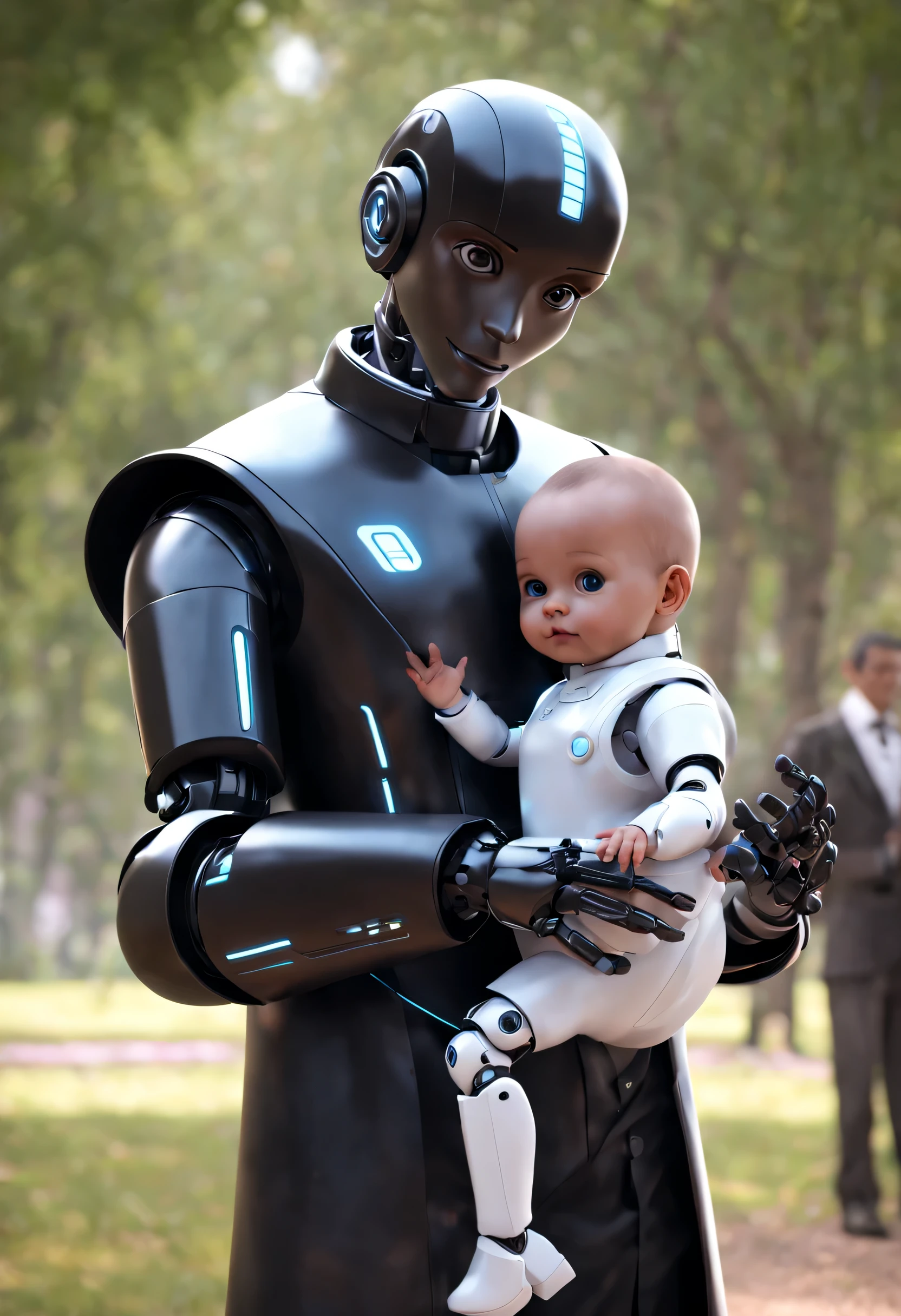 (Robot butler holds a cute human baby in the park), Robot butler takes care of baby throughout the process. The head is equipped with a high-definition analog face display, Warm and friendly smile, Happy, Wearing holographic white butler uniform dress suit, Future character design, scientific fiction, Black technology, 3D, cyber punk style
,