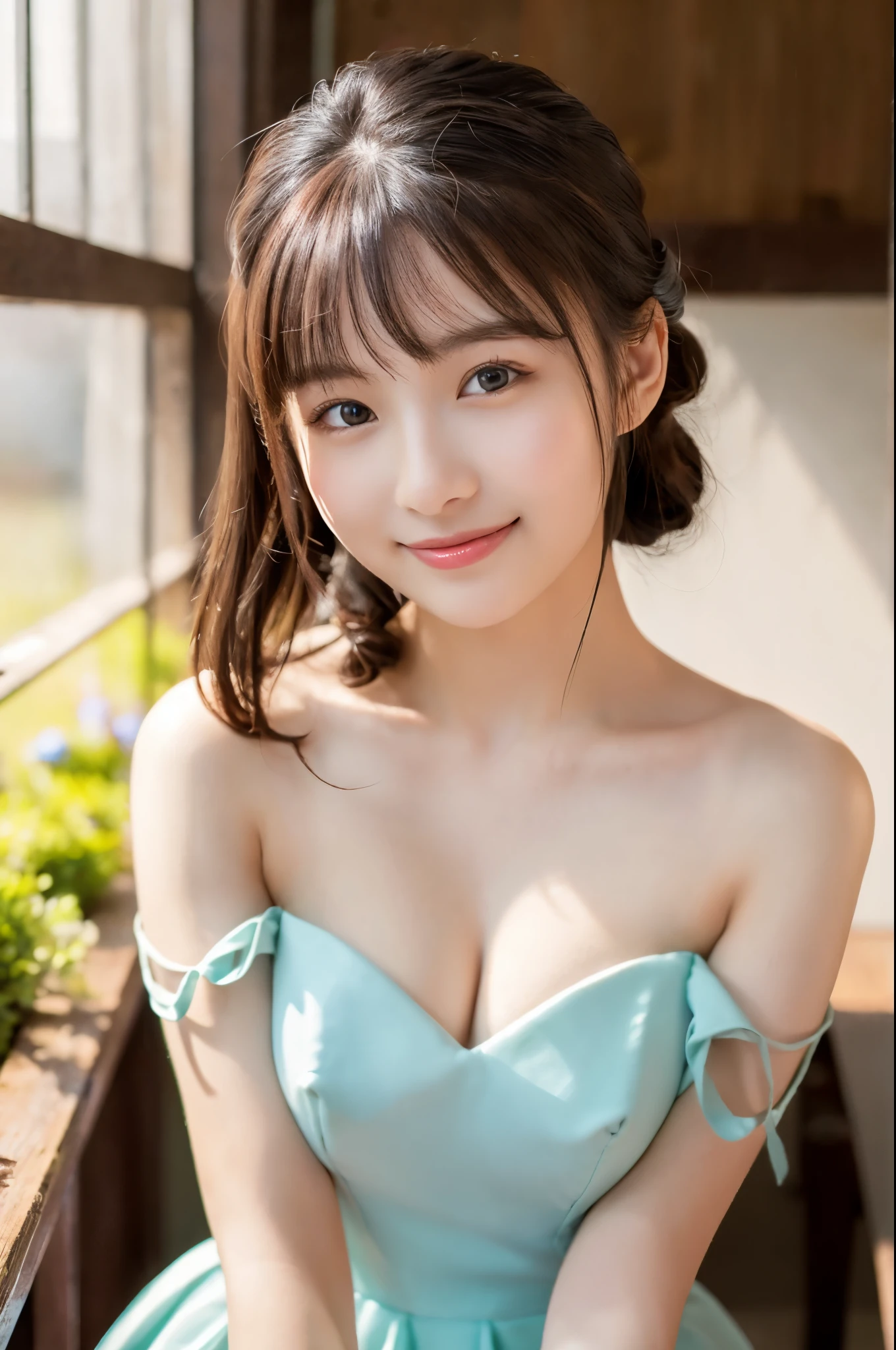 ulzzang -6500-v1.1, (Raw photo:1.2), (Photorealsitic), a beautiful detailed girl, (Real: 1.4), ighly detailedな目と顔, beatiful detailed eyes, (((Upper class girl in elegant formal dress of random color:1.3)))、(Ultra-realistic pantyhose:1.2), (high-heels:1.2), (I keep my hair up and short)、 (Very affectionate smile:1.2)、sitting on a chair at a party、huge filesize, hight resolution, ighly detailed, top-quality, [​masterpiece:1.6], illustratio, ighly detailed, nffsw, finely detail, top-quality, 8k wallpaper, Cinematographic lighting, 1girl in, , perfect body type, cute droopy eyes beautiful big eyes、Pieckfinger, ((masutepiece)), Best Quality, 1girl in, eye shadow, Upper body, Portrait, ((FULL BODYSHOT:1.6))、