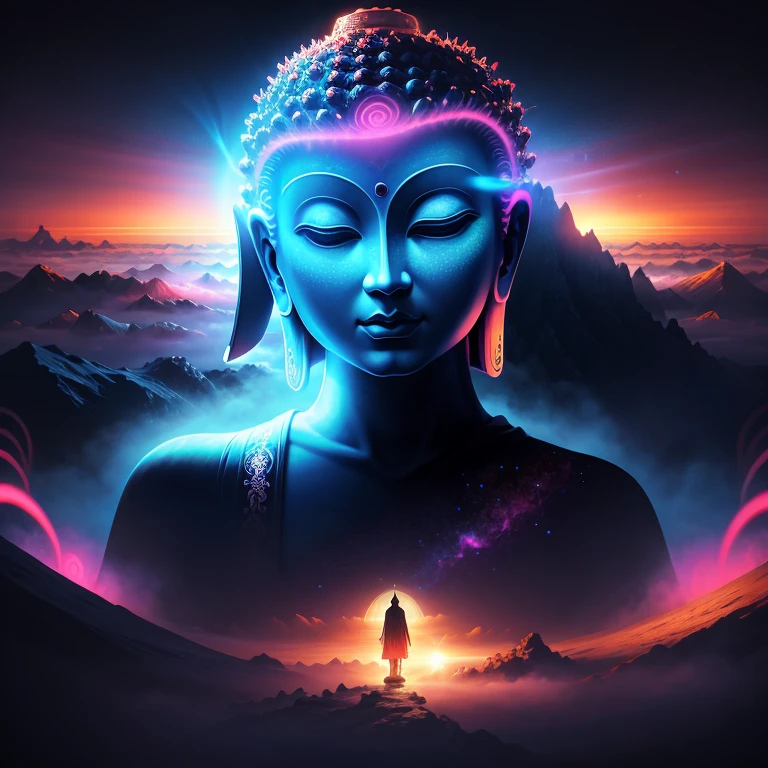 believe in Buddha forever, psychedelic art, landscape, scenery, universe, fog, top quality, double exposure