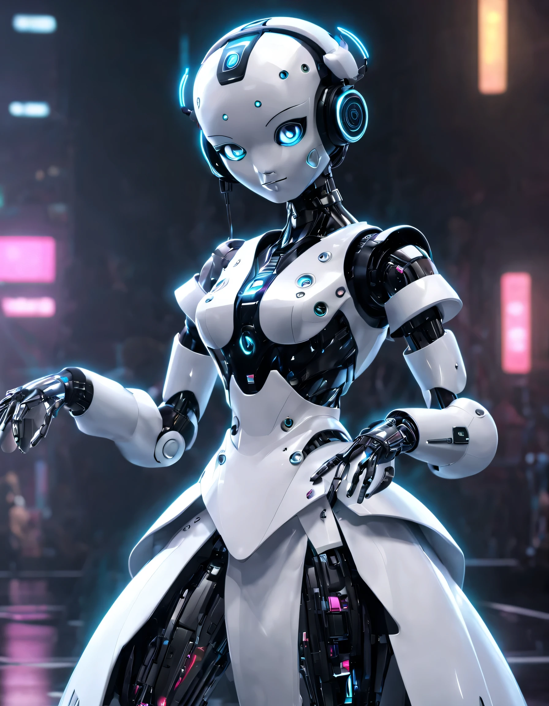 （Robot butler mopping the floor），The head is equipped with a high-definition analog face display，Warm and friendly smile,Happy，Wearing a holographic white butler uniform skirt suit，Future character design，sci-fy，Black technology，3D ，cyber punk personage，