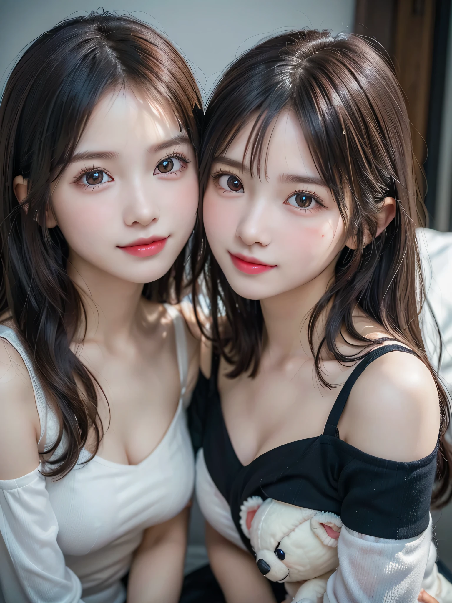 ((2 s:1.3)), (Ultra Realistic, hight resolution), (Highly detailed eyes, Highly detailed hair, Highly detailed face, Highly detailed plump lips), (off shoulder with open breasts), breasts, Upper body, Search Smile, (Best Quality:1.4), Raw photo, (Realistic, photo-Realistic:1.37), Professional Photography, Cinematic Light, (Fine face: 1.2), (stuffed toy:1.2),