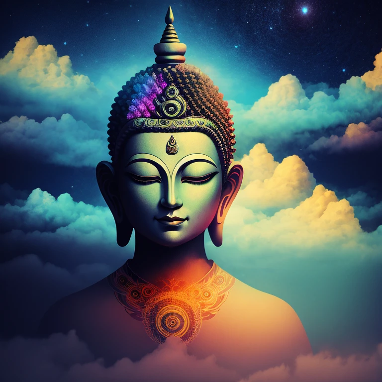 believe in Buddha forever, psychedelic art, landscape, scenery, universe, fog, top quality, double exposure