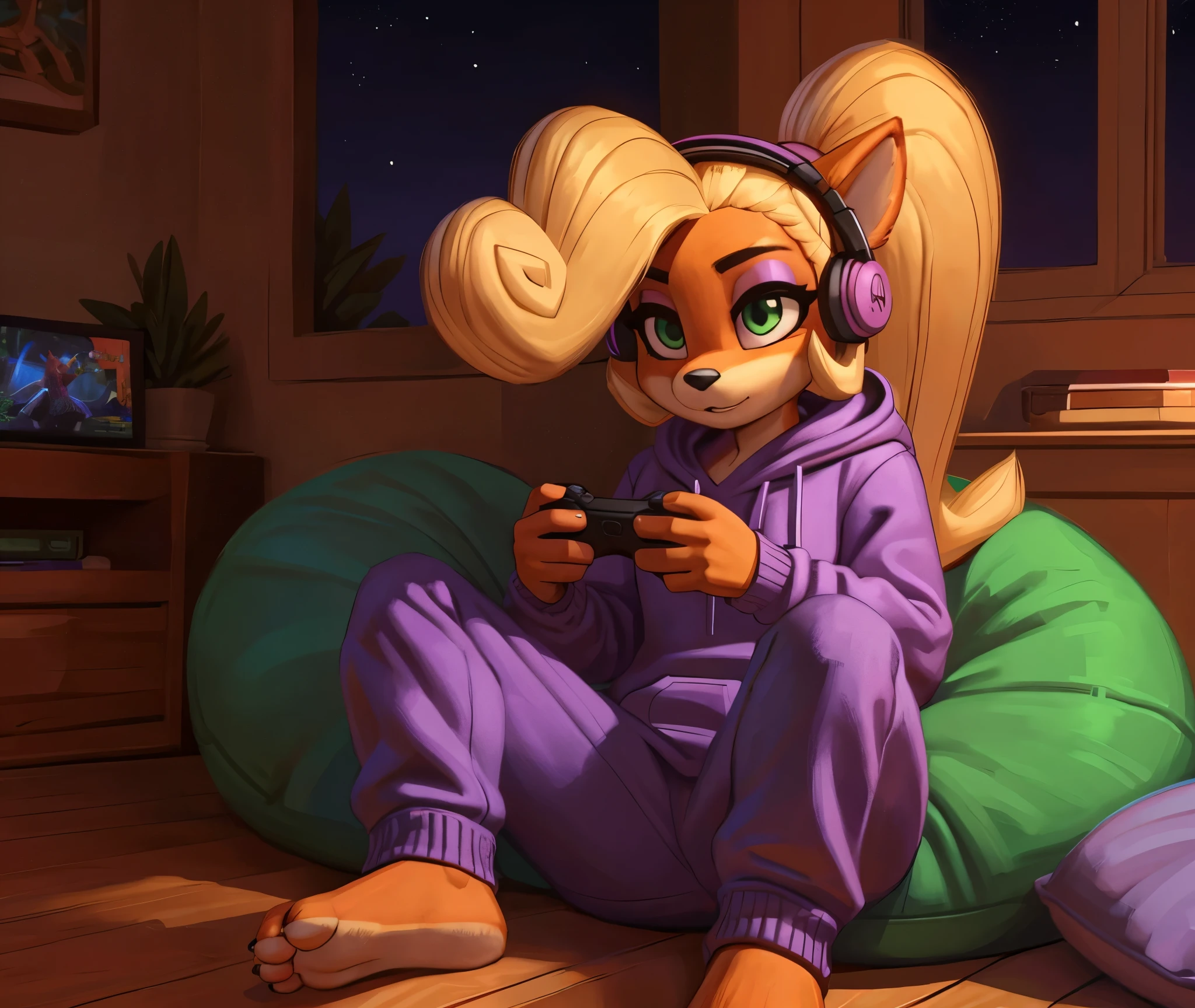[Coco bandicoot], [Uploaded to e621.net; (Pixelsketcher), (wamudraws)], ((masterpiece)), ((HD)), ((solo portrait)), ((full body)), ((front view)), ((feet visible)), ((furry; anthro)), ((detailed fur)), ((detailed shading)), ((beautiful render art)), ((intricate details)), {anthro; orange fur, black nose, (cute green eyes), (short eyelashes), (pink eyeshadow), (long blonde curly hair), (curly ponytail), (curvy hips), (beautiful legs), (beautiful feet), (blushing), (focused expression)}, {(purple sweatshirt hoodie), (purple sweatpants), (pink headphones on head)}, {(sitting on bed), (playing video game), (controller in hands)}, [background; (tropical forest), (bedroom), (beanbag), (gaming console), (wood window), (wood floor), (nighttime), (starry sky), (ambient lighting)]