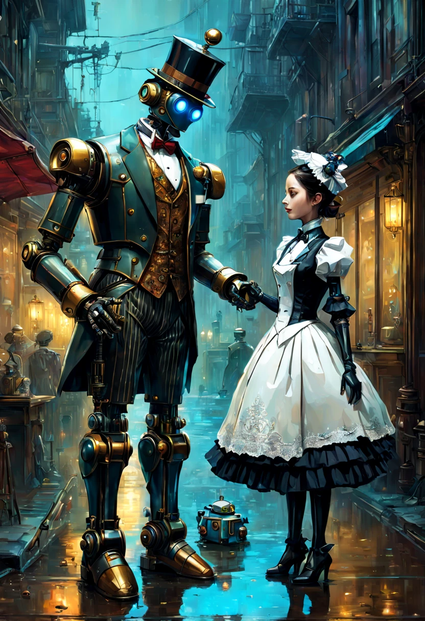 “Futuristic Victorian robot butler wearing a fancy suit and talking to a cute robot maid" steampunk:: maximalist hyperdetailed fantasy masterwork by Kim Jung Gi, Yoshitaka Amano, Android Jones, Jeremy Mann, masterpiece, vibrant triadic colors, ambient occlusion, dramatic lighting, ray tracing, beautiful composition, incredible depth