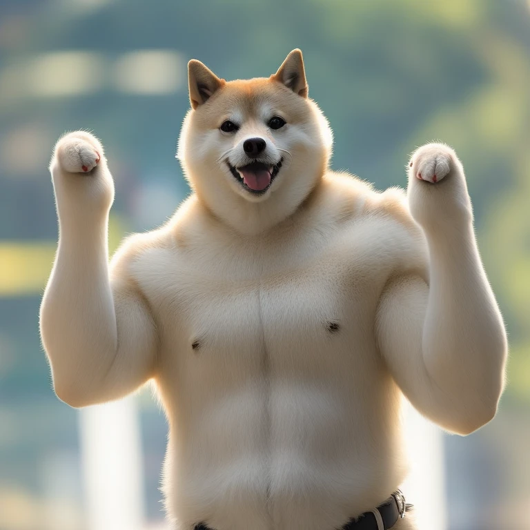 Arms up,Solo,Professional Photos [(((Buff Swoledoge))):Buff Swoledoge:8], Grinning, Dog's body,Cinematic dramatic light, Smooth transition, Bokeh, Background,Looking at Viewer,wave her hand