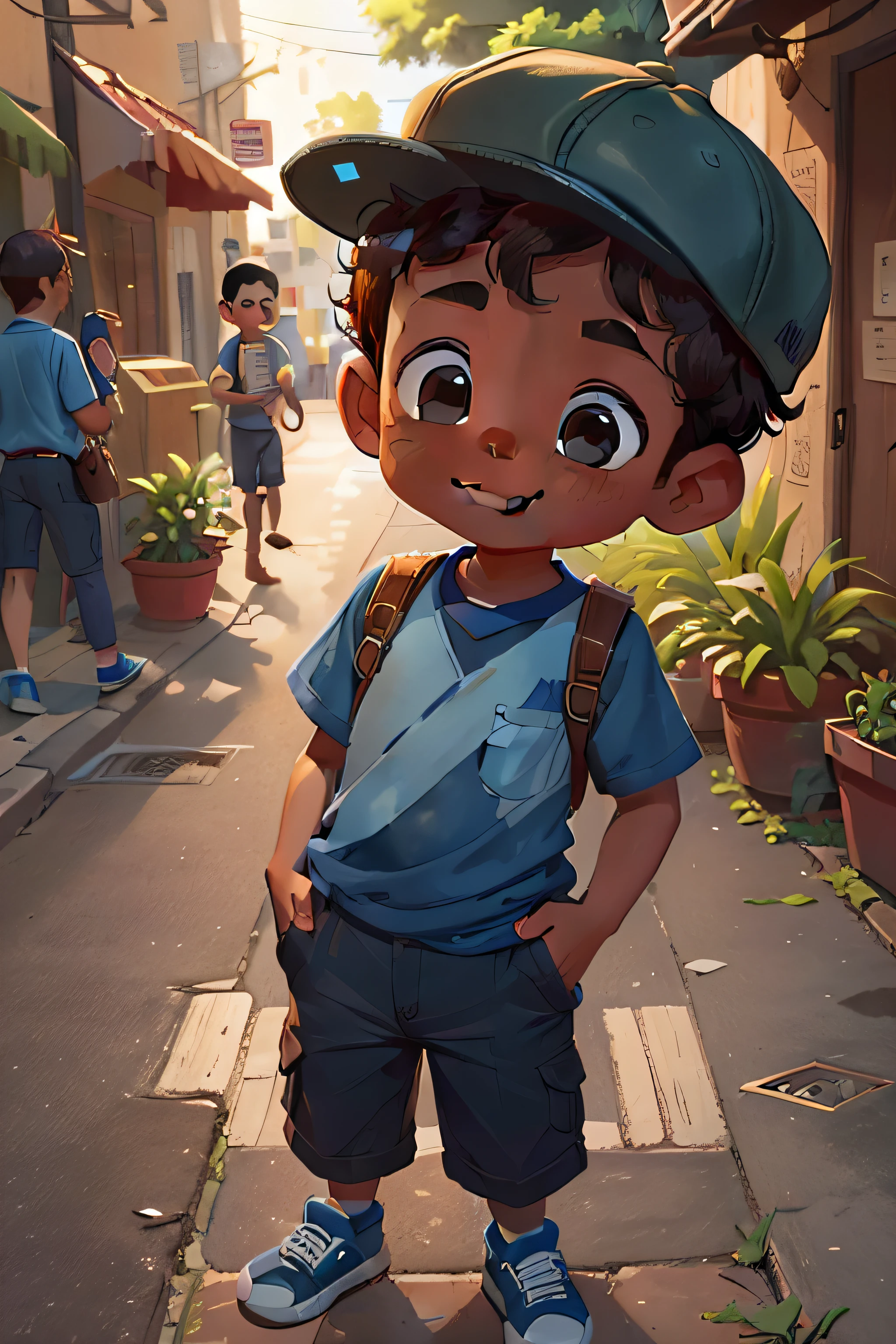 um menino, 8 anos, cabelos curtos e cacheados, pele escura, wearing khaki pants, camisa azul, bonnet, curious and tipo look, tipo, feliz e sorridente, conversando com pessoas na rua