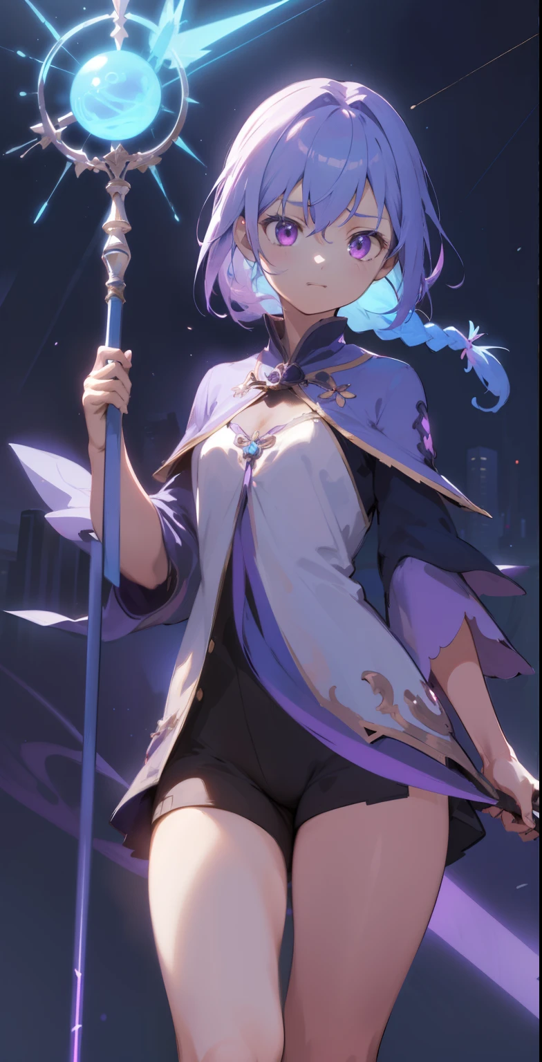 (initial sketch: a girl with a magic stick in her hand, building the correct anatomy), 1 girl, (cute), small breasts, pink eyes, (blue hair), medium hair, (1 braid), stick in her hand, spear a spell, staff glows, big chest, (neon purple mana flows around the staff), night, (unrestricted:1.6), ((Masterpiece)), (best quality), (beautiful background), (illustration detailed), HDR, (cinematic light), ((color)), ((rtx)), high quality color, correct anatomy, (the most perfect composition ever made), (absolute final detail), thick legs, thick thighs , (extra detail removal), (extra detail removal artifacts)