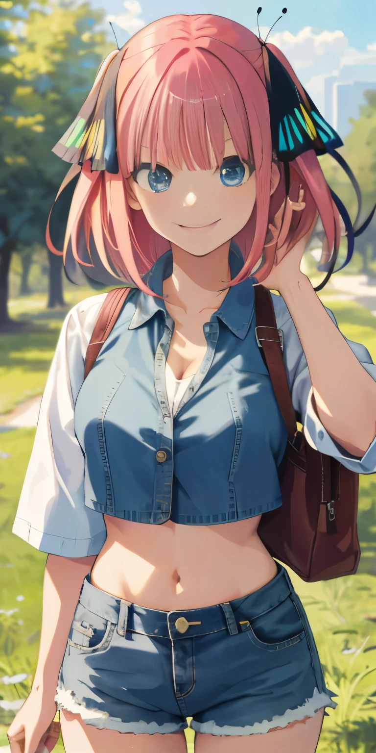 2d, masterpiece, best quality, anime, highly detailed, 1girl, solo, cowboy shot, nakano nino, pink hair, butterfly hair ornament, crop top , cleavage, Denim shorts , medium breasts, standing, school, outdoors, smile