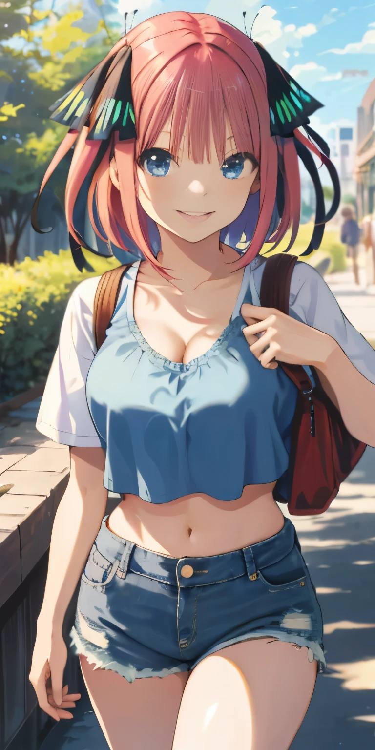 2d, masterpiece, best quality, anime, highly detailed, 1girl, solo, cowboy shot, nakano nino, pink hair, butterfly hair ornament, crop top , cleavage, Denim shorts , medium breasts, standing, school, outdoors, smile