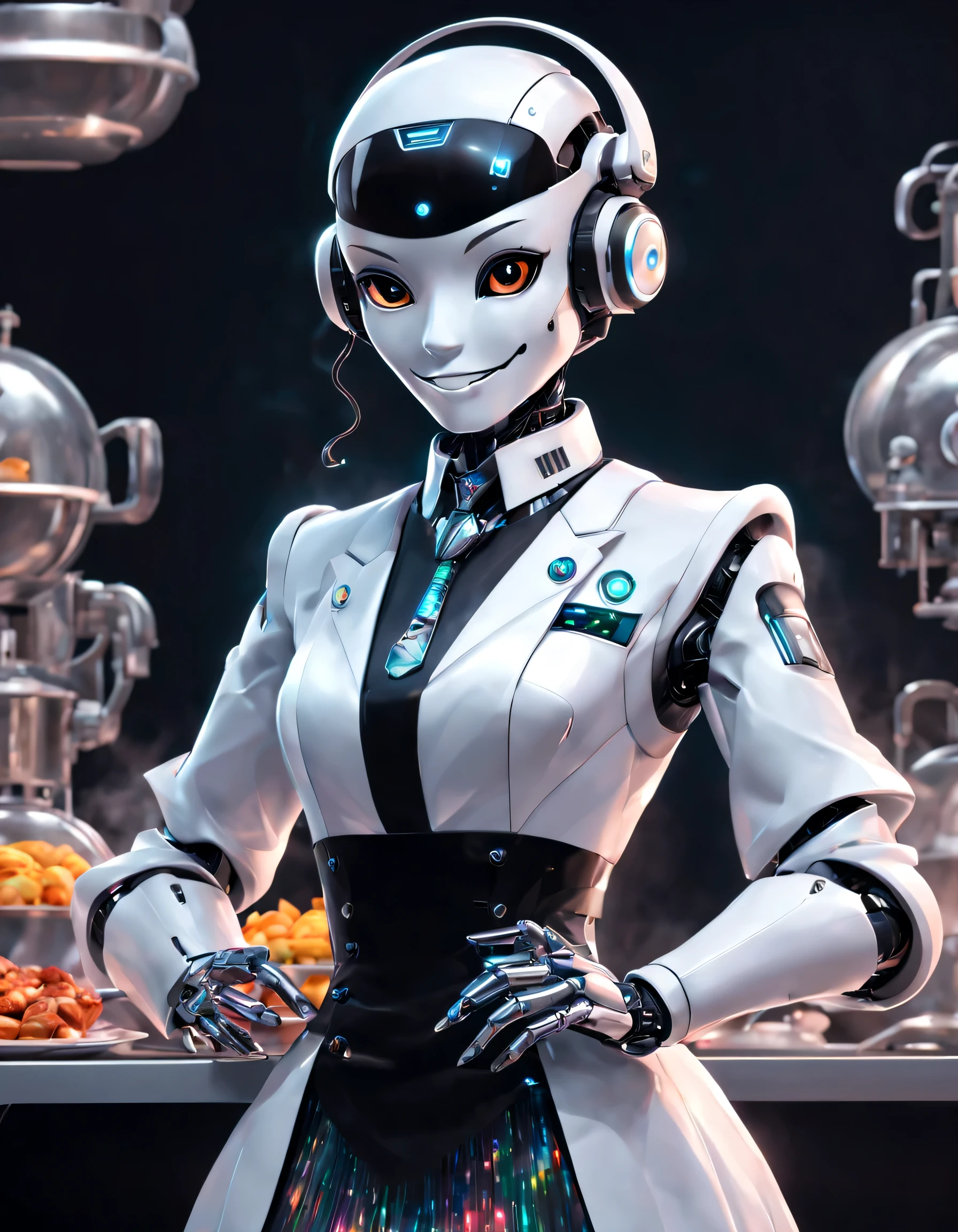 （The robot butler is cooking happily），The head is equipped with a high-definition analog face display，Warm and friendly smile,Wearing a holographic white butler uniform skirt suit，Future character design，sci-fy，Black technology，3D ，cyber punk personage，