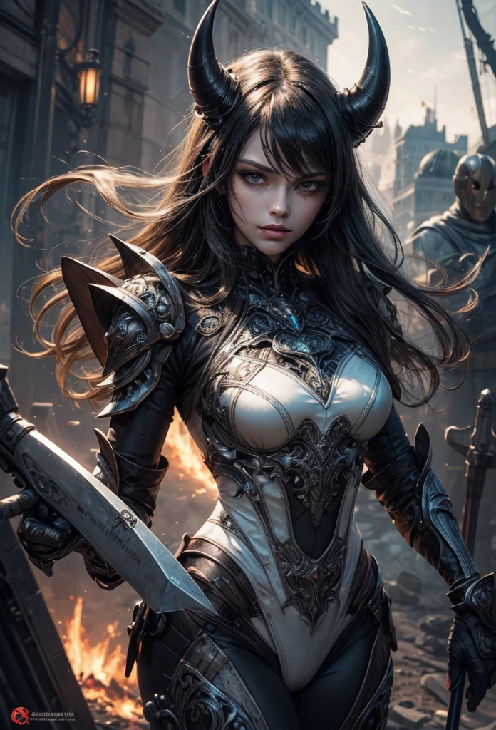 (Detailed illustrations,Very detailed and detailed drawing,Delicate lines with slow and rapid,Realistic texture expression),[Color tressed main line],(Fantasy World Battlefield Background [Burning castle]),(GIRL ROBOT  (White Devil [METALFACE] (SKINNY)) [WEAPON MACHINE][milkyW],[BODY with EDGE [Transparent material]],[use an ax as a weapon],[[Mobile Weapon Gigant Size][Science Fiction Mechanical]],(Pearl luster on the body surface),(Intricate and beautiful decoration [Dense detail]),(Precisely drawn face)[Perfect eye details(Iris beautifully drawn in every detail)[Jewel-like eyes]],[long and beautiful eyelashes],[Meticulously drawn hair [More on beautiful and shiny hair]],(Perfect hand details [Beautiful fingers without breakdowns [Beautiful nails]]),(Perfect Anatomy(Perfectly proportioned))[[Full body like]],[Ideal color coordination(Accurate simulation of light-material interactions)],[Visual art that conveys a sense of narrative].